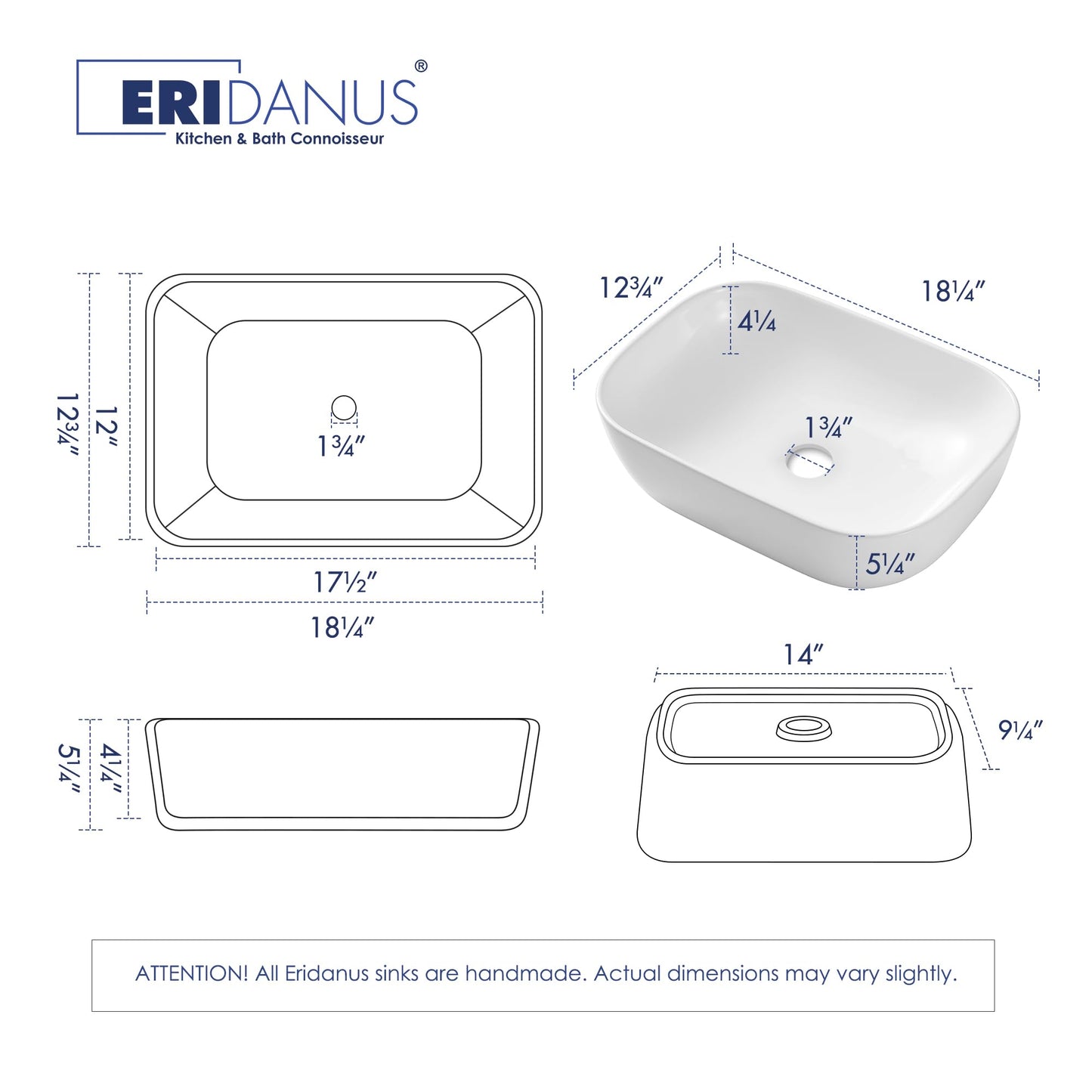 Bathroom Vessel Sink, Eridanus 18" x 13" White Vessel Sink Rectangular Bathroom Sink Porcelain Ceramic Vessel Sinks for Bathroom Vanity Sink Above Counter Basin
