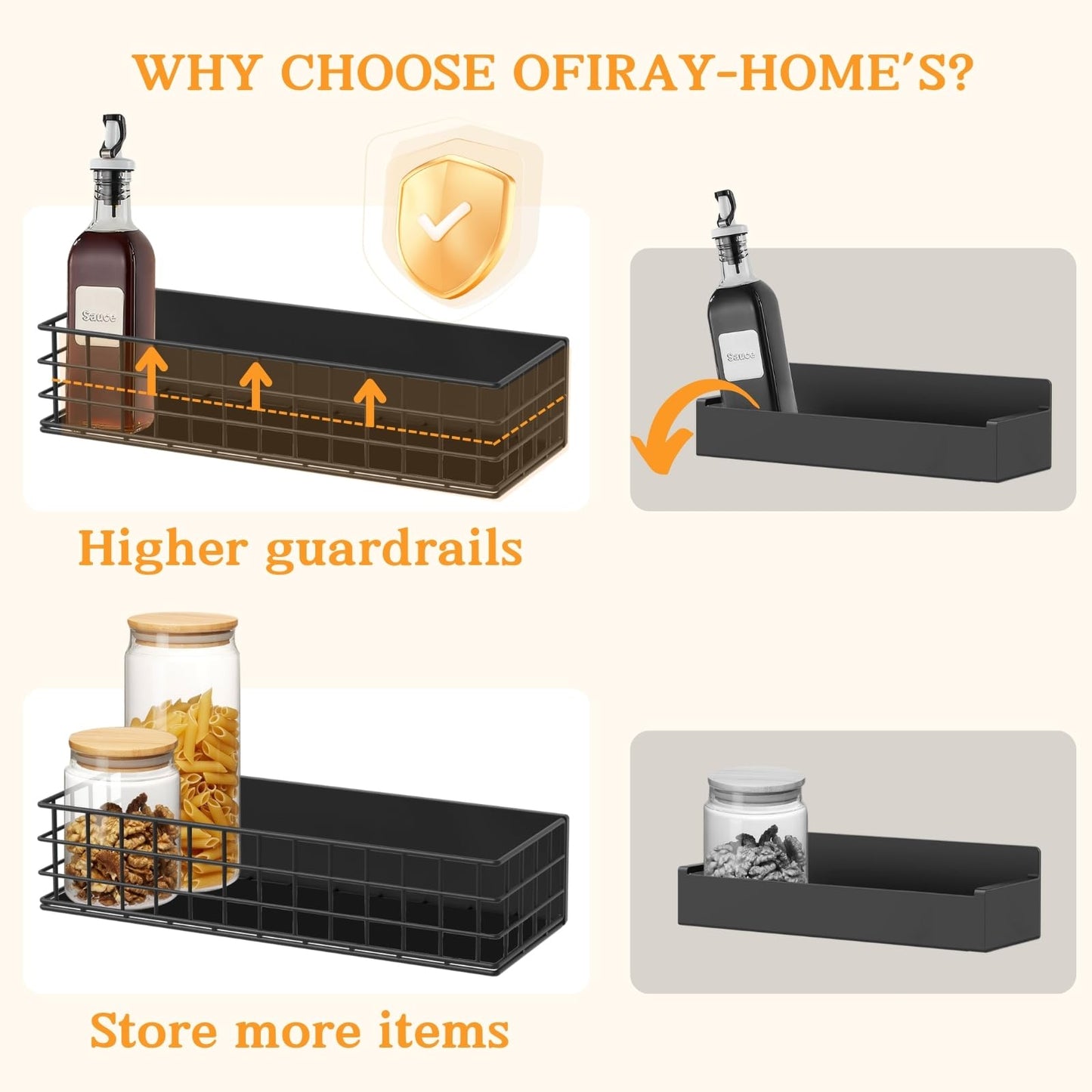 Ofiray-home Magnetic Fridge Shelf, 4-Pack Metal Strong Magnet Rack, Space Saving Spice Organizer, Utensil Holder, Fruit Potato Onion Storage Bins, Black Refrigerator Organizers and Storage
