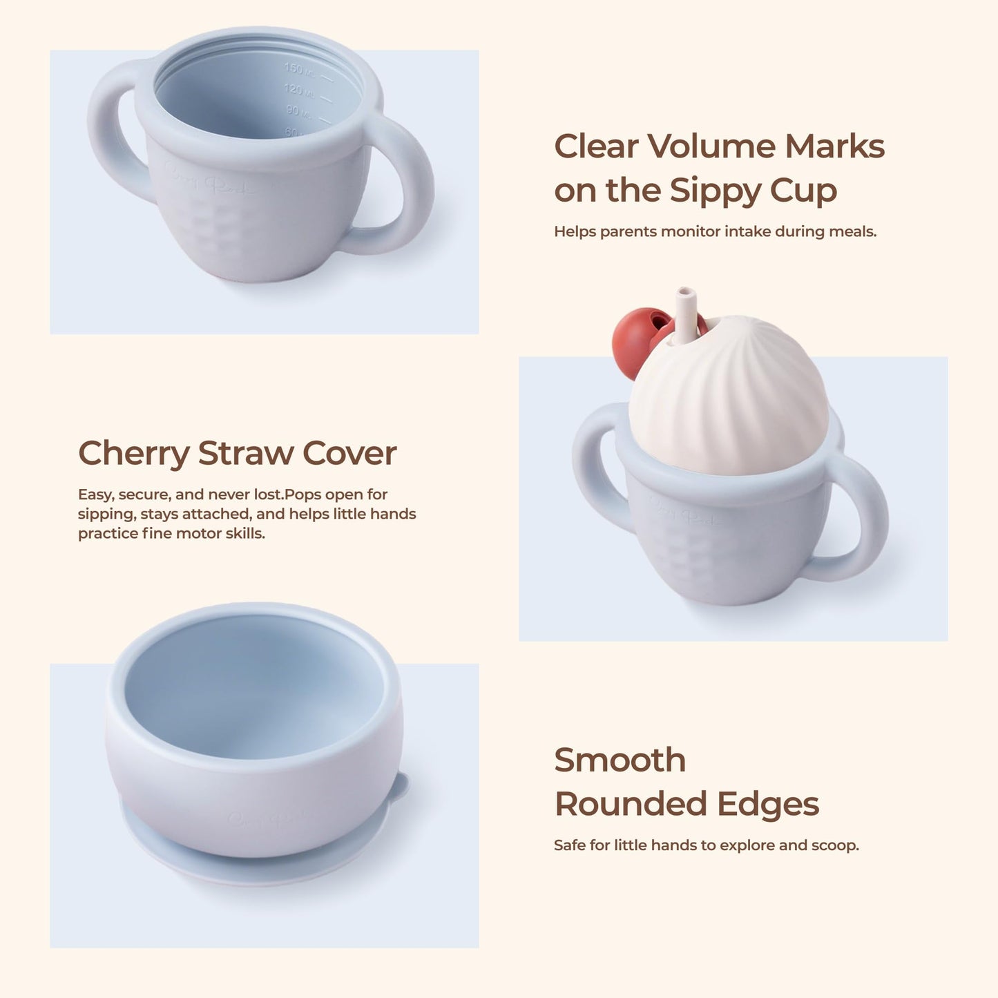 COZY ROCK Silicone Baby Feeding Set, Gelato Collection Baby Led Weaning Supplies, First Self-Feeding Ice Cream Set, Silicone Suction Bowl with Cherry Lid & Plate, Straw Cup & Bib, Fork & Spoon