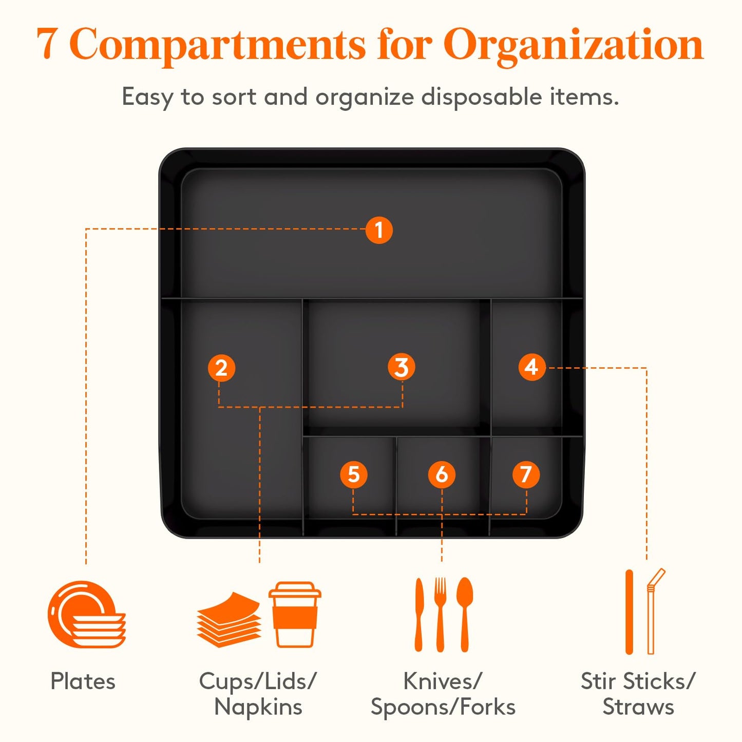 Lifewit Paper Plate Organizer for Kitchen Countertop, Plastic Silverware Caddy for Party, Utensil Holder with 7 Compartment, Cutlery Flatware Dispenser Box for Cup Spoon Fork Napkin, Black, 29 -31cm