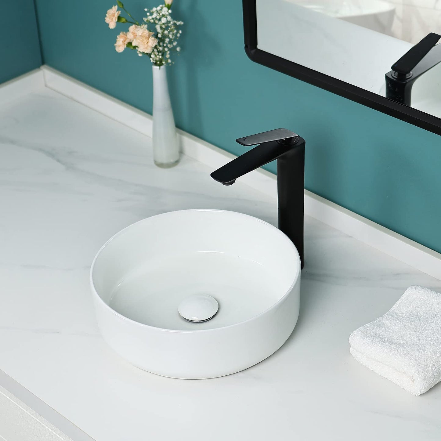 Davivy 14'' Round Vessel Sink with Pop Up Drain,Bathroom Vessel Sinks,Bathroom Sinks Above Counter,Ceramic Vessel Sink,Round Bathroom Sink,Counter top Sink,White Vessel Sink for bathrooms