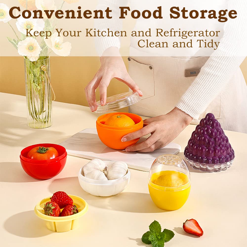 HMIEPRS 6 PCS Fruit and Vegetable Storage Containers, Reusable Storage Keeper, Lemon Orange Avocado Onion Garlic Tomato Shaped Saver Holder for Fridge, Refrigerator Crisper for Fruit and Vegetable