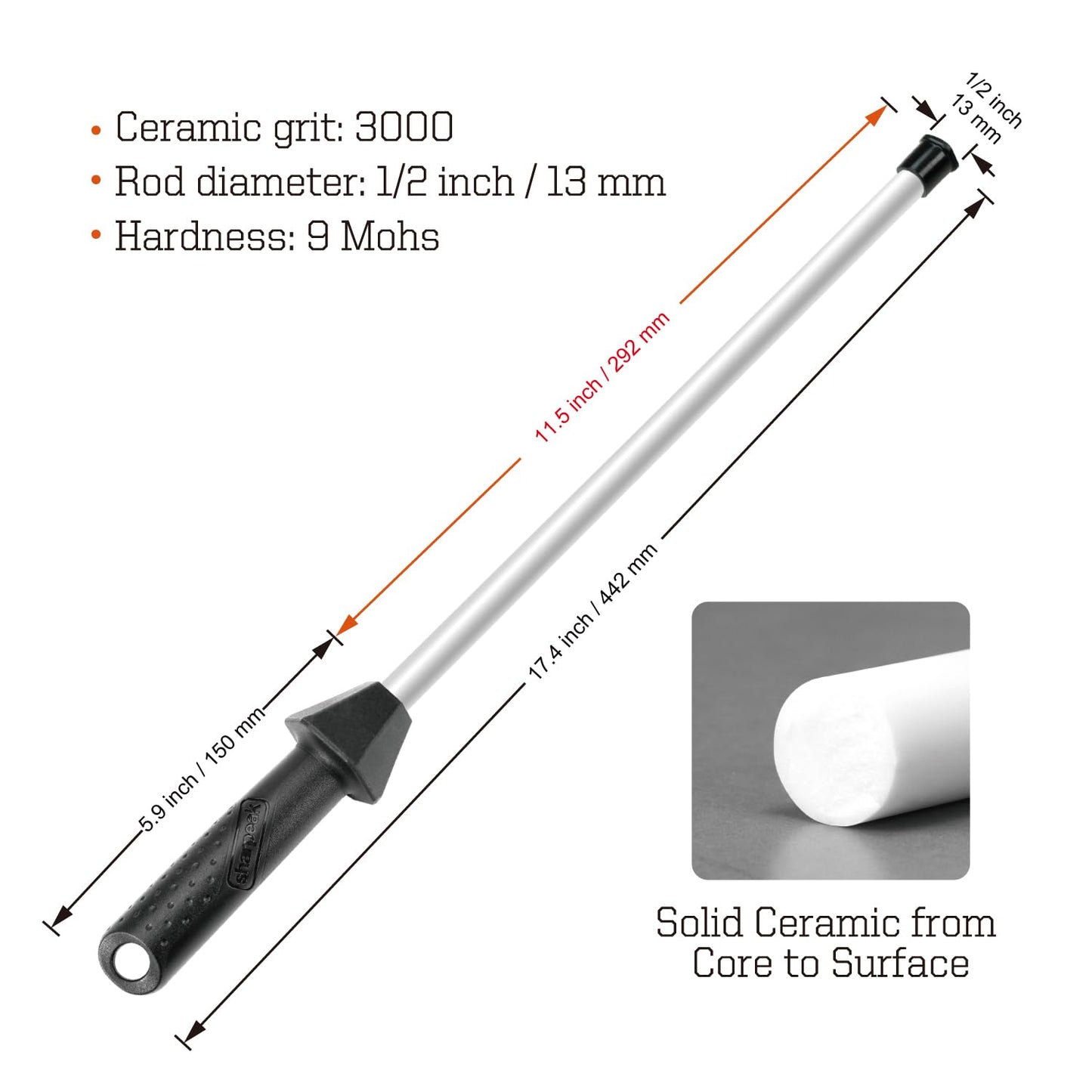 Sharpeak Total L.17.5-Inch/Rod L.12-Inch 3000-Grit Ceramic Sharpening Steel with Built-In Angle Guides and Anti-Breaking Cap, Sharpening Rod, Knife Steel, Ceramic Honing rod, Chaira Afilador Cuchillos