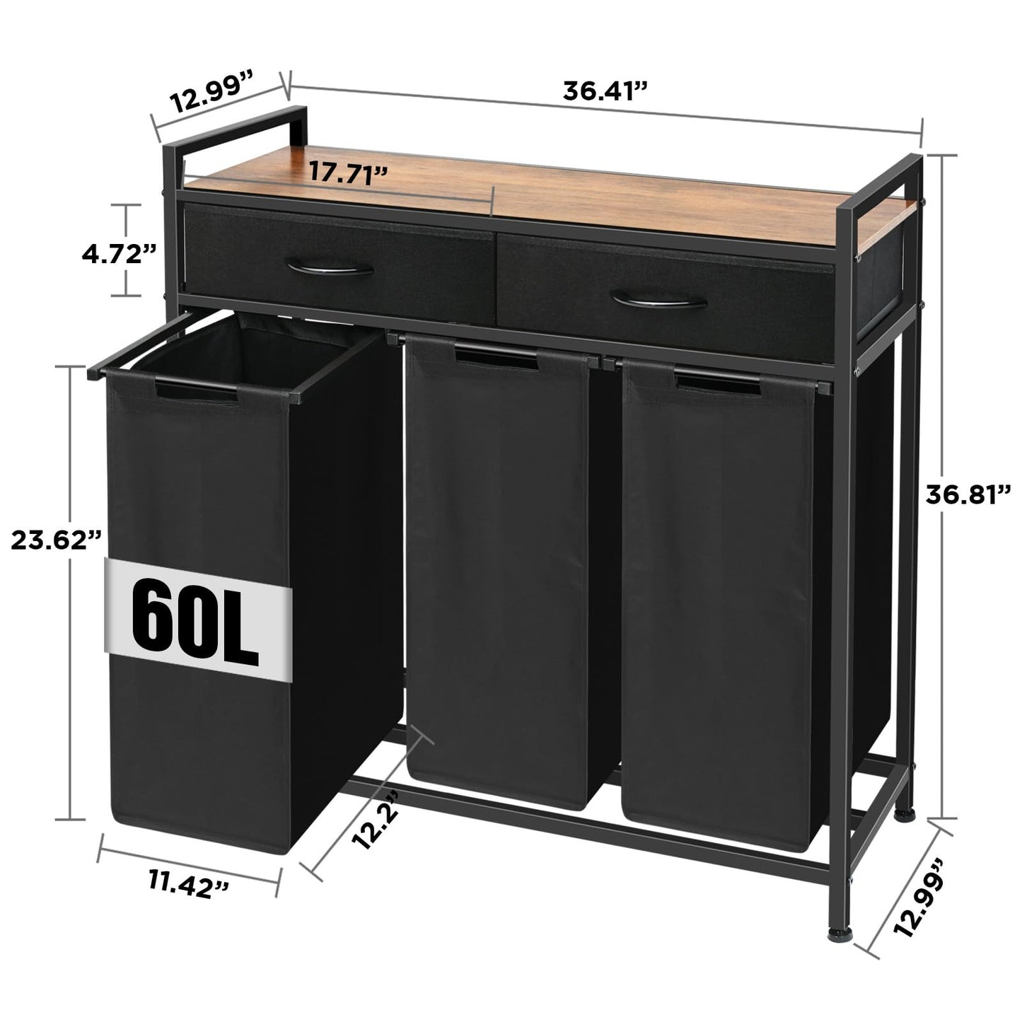 Laundry Sorter 3 Section, 180L Laundry Hamper Basket with Shelf and 2 Drawers, 3 Compartment Clothes Storage Organizer Cart, Pull-Out Removable Oxford Fabric Bags, Black