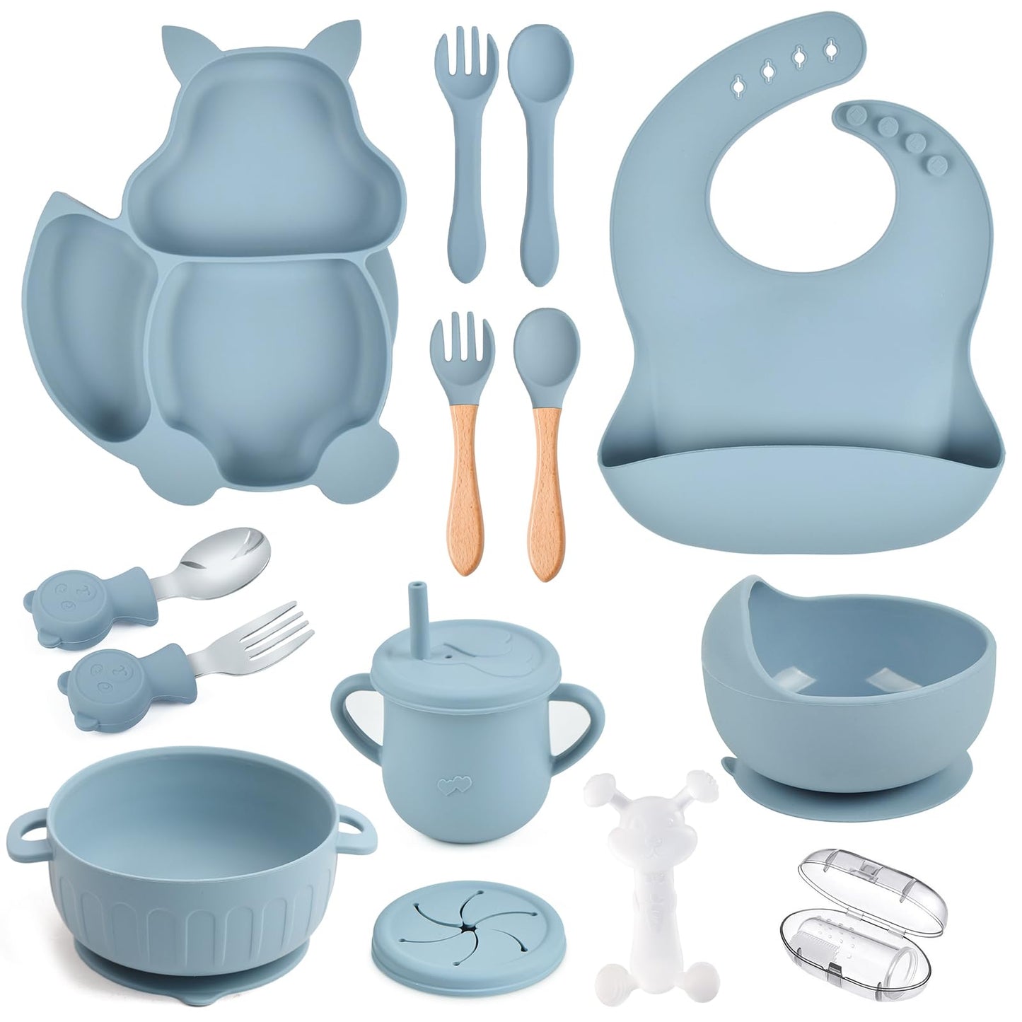 Silicone Baby Feeding Set 15 Pcs，Baby Plates,Baby Spoons Suction Bowl Divided Plate Bib Cup Finger Brush Training cups,Baby Led Weaning Supplies（blue）