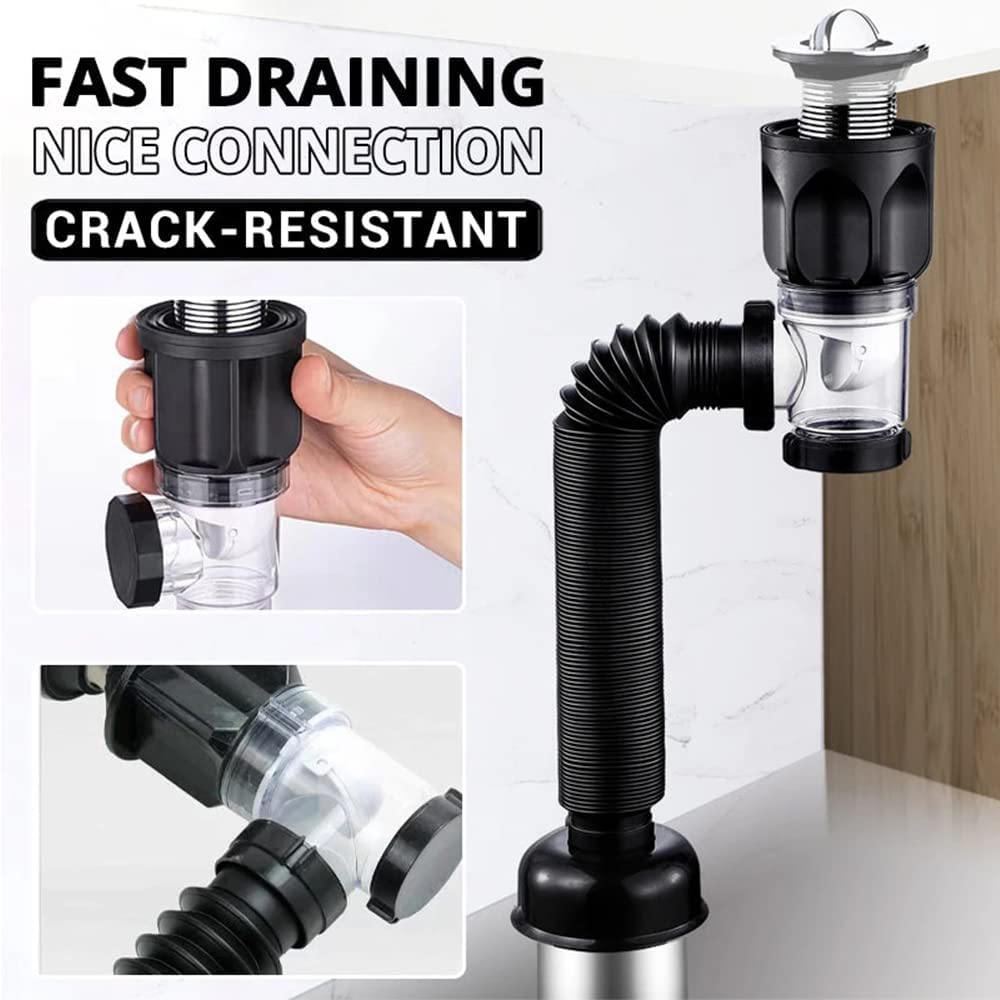 Bathroom Sink Drain Kit with Flexible Expandable P-Trap Pipe Anti-Odor Bathroom Sink Drain Pipe for 1-1/4" and 1-1/2" Hole