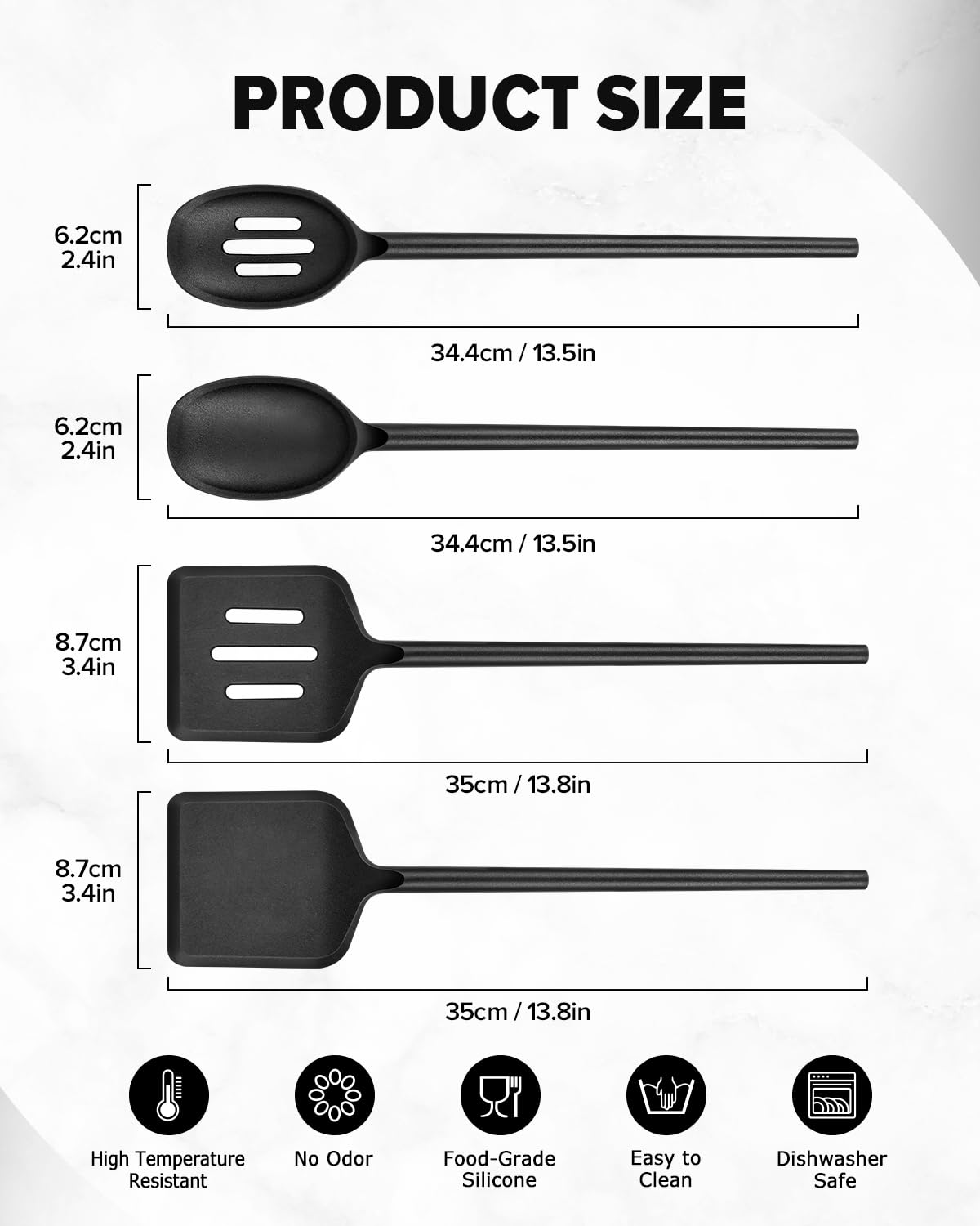 Silicone Cooking Utensils Set, Heat Resistant Non-Stick Long Handle Silicone Spatulas Turner & Spoons Set, BPA-Free Solid & Slotted Kitchen Tools for Frying, Stirring & Serving (4 Pack) (BLACK)