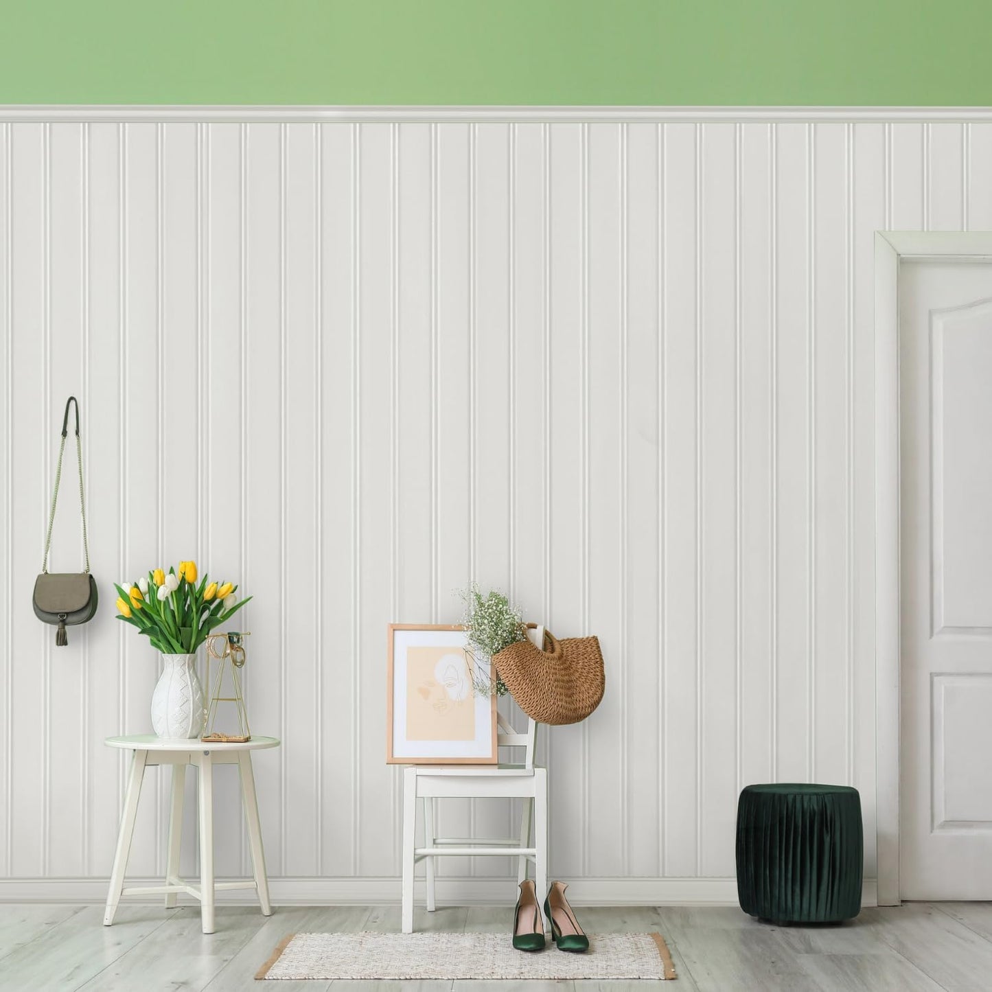 Plastpro PVC Wall Panels - 8 Foot, Reversible Beadboard & Shiplap Waterproof Wainscoting Panels for Bathrooms & Kitchens, Easy Install Interior PVC for Walls, White (7 Piece Kit)