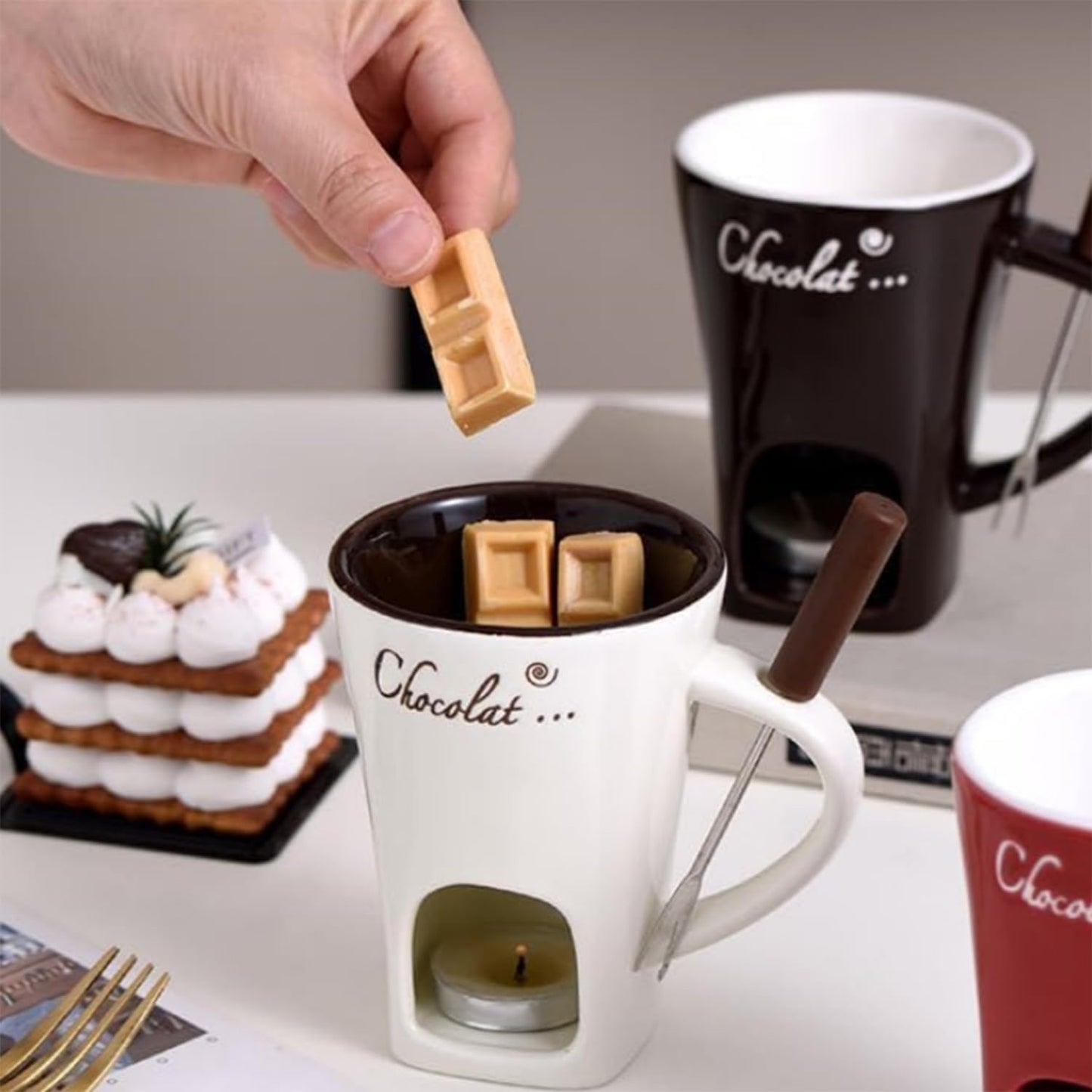 Chocolate Fondue Mug – Ceramic Melting Mug with Forks, Individual Fondue Cups for Chocolate, Cheese, Butter – Perfect Romantic Gift for Couples, Birthday or Valentine’s Day (1PCS-Red)