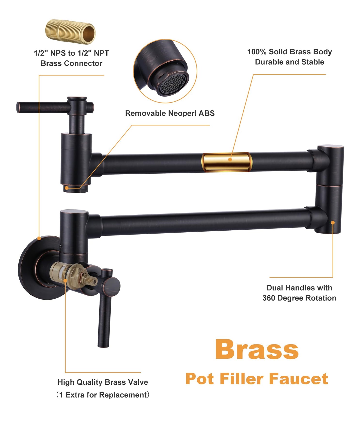 iVIGA Pot Filler Faucet Wall Mount Brass Faucets Kitchen Double Handle Oil Rubbed Bronze Folding Kitchen Faucet Stretchable Double Joint Swing Arm Copper Single Hole Faucet