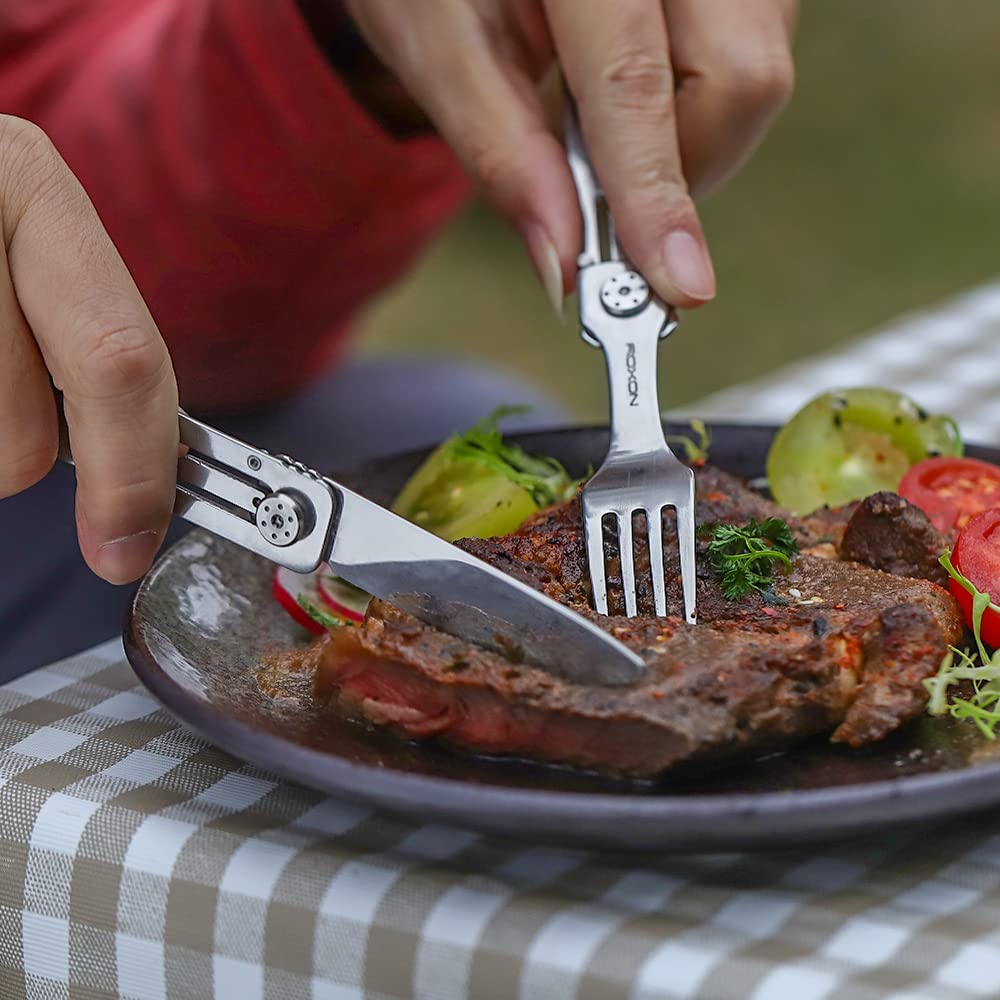 ROXON 3-in-1 Knife Spoons Fork + Pouch - Magnetic Folding Stainless Steel Camping Utensils Set - EDC Portable Lightweight Cutlery for Hiking Backpacking Travel Lunchbox Outdoor Silverware Essentials
