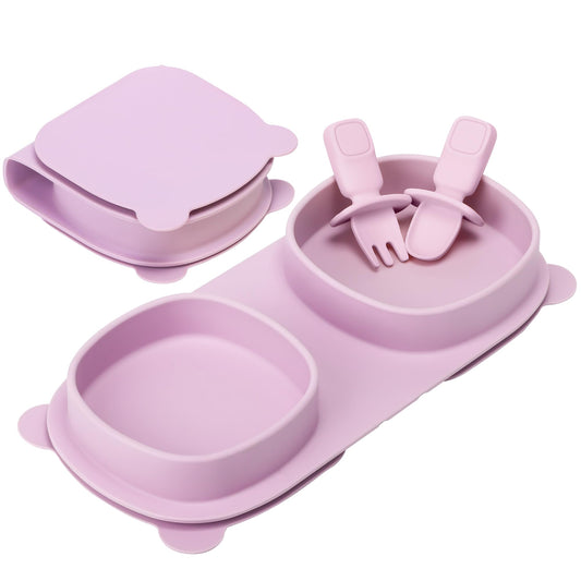 yahaa Baby Plates with Suction with Forks and Spoons, Foldable Silicone Toddler Plates, Baby Travel Essential, Microwave & Dishwasher Safe, Purple