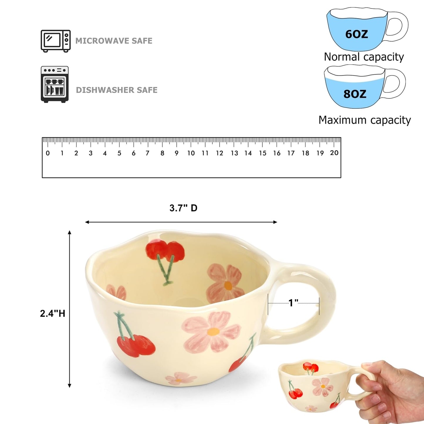 Yopay 2 Pack Ceramic Coffee Mug with Spoon, 8oz Handmade Hot Chocolate Mugs, Cute Cup for Girl Microwave Safe, Aesthetic Tea Milk Cup with Handle for Latte, Cocoa, Gift, Mom(Cherry flower)