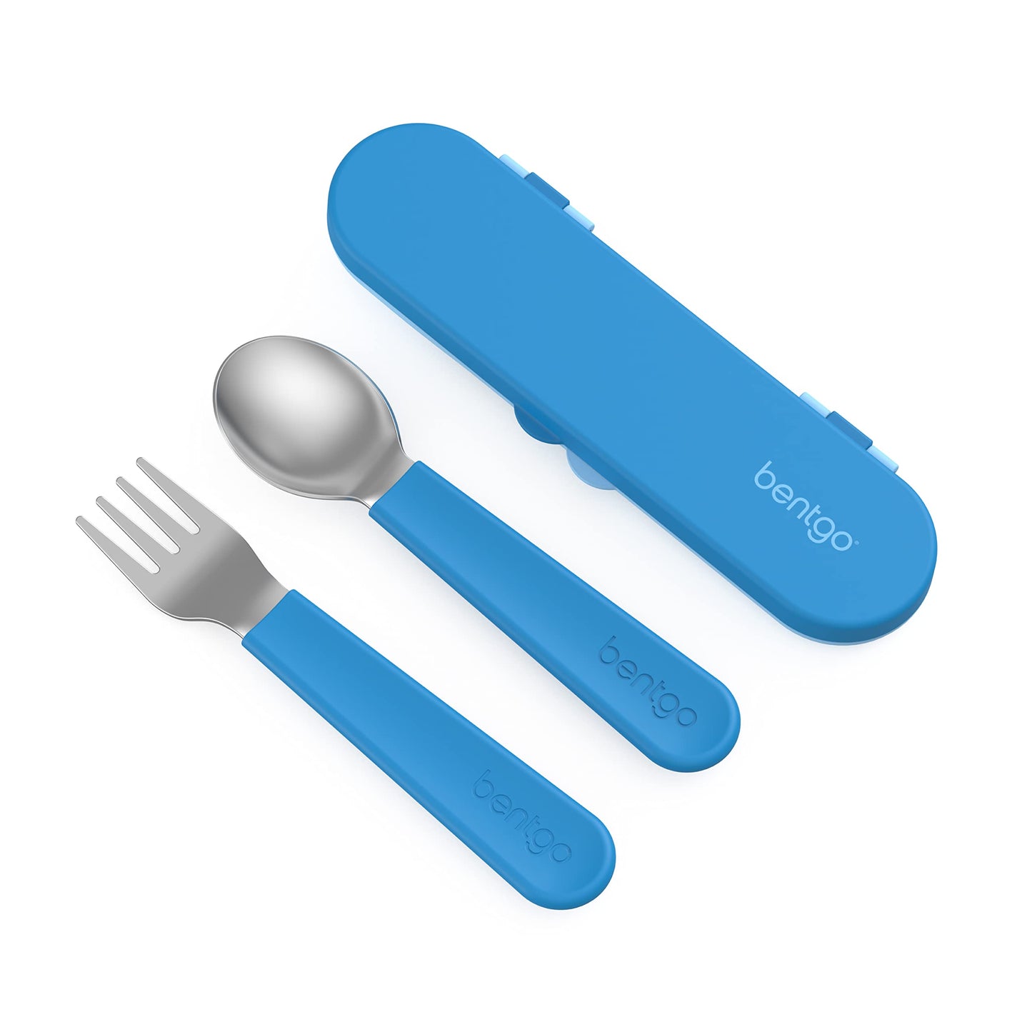 Bentgo Kids Stainless Steel Utensil Set - Reusable Fork, Spoon & Storage Case, PFAS- & BPA-Free, Easy-Grip Handles, Lightweight, Dishwasher Safe, School Lunch, Travel & Outdoors (Blue)
