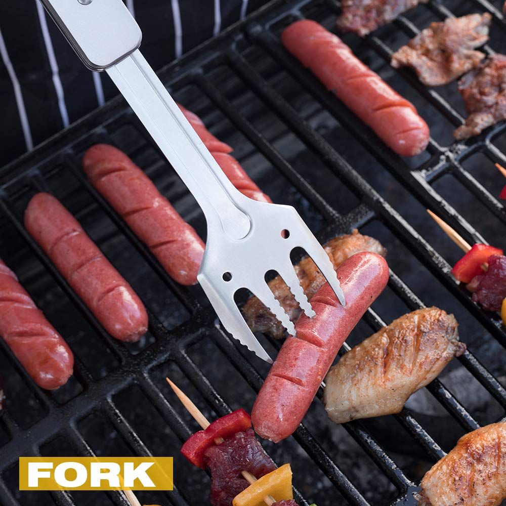 ROXON 4 in 1 Mini Folding BBQ Barbecue Combo Tool Set with Spatula, Fork, Tongs and Bottle Opener for Hiking Camping (Grey)