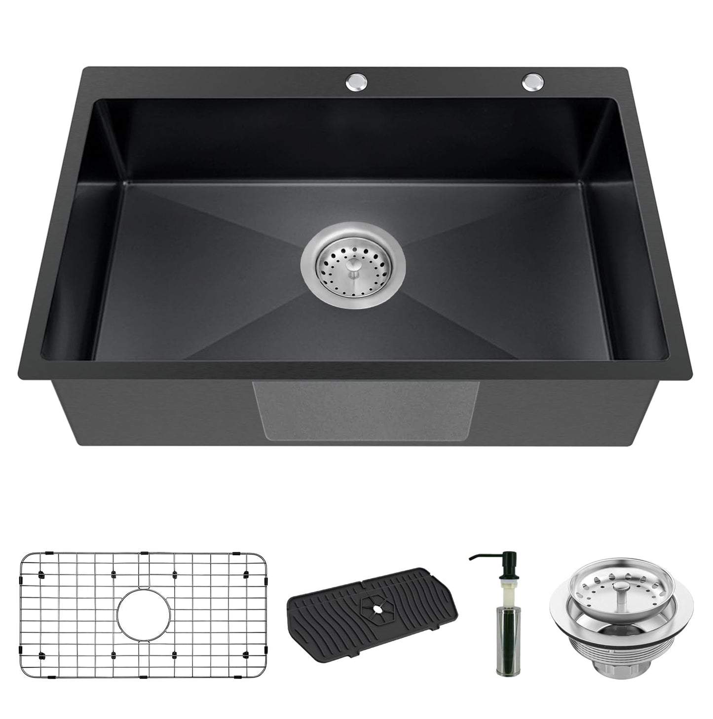 Black Kitchen Sink, Stainless Steel Drop In 33x22x9 Inch Single Bowl Topmount Kitchen Sink Combo-Stainless Grid,Soap Dispenser,Faucet Mat,Drain Strainer Set for Modern Style Kitchen&Bar