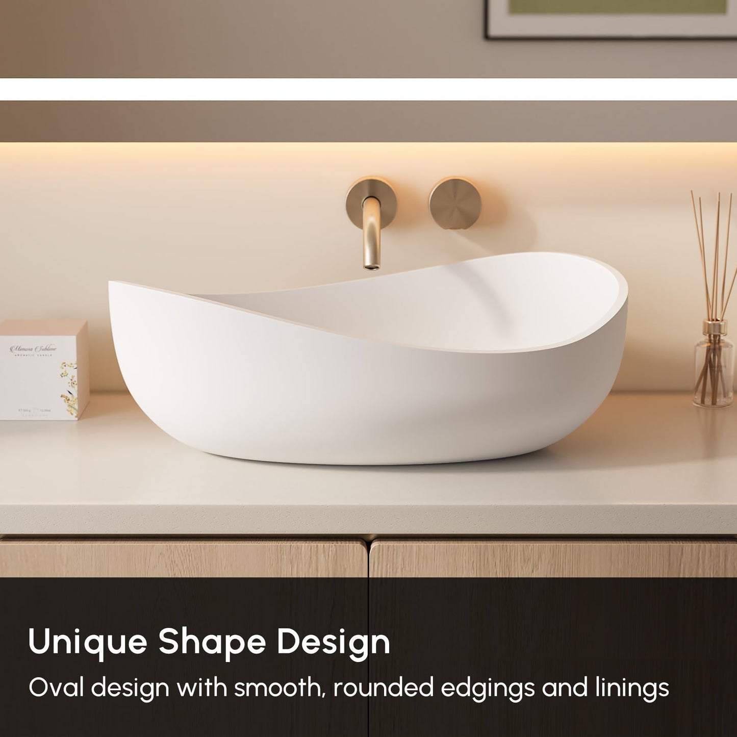 Weibath Oval Vessel Sink, Stone Resin Bathroom Sink in Matte White with Pop-Up Drain, Modern Countertop Sink 22.44"