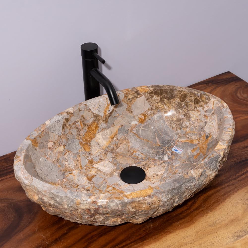 Organic Freeform Hand-Carved Marble Vessel Sink – Stone Vessel Sink with Chiseled Exterior & Natural Gold Veining – One-of-a-Kind Rustic Luxury Bathroom Sink