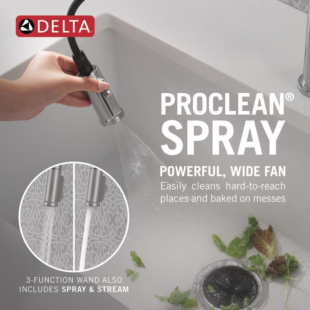 Delta Cordova Brushed Nickel Pull Down Kitchen Faucet, Modern Single Hole Kitchen Sink Faucet with High Pressure ProClean Spray, Lumicoat Arctic Stainless 9185-AR-PR-DST