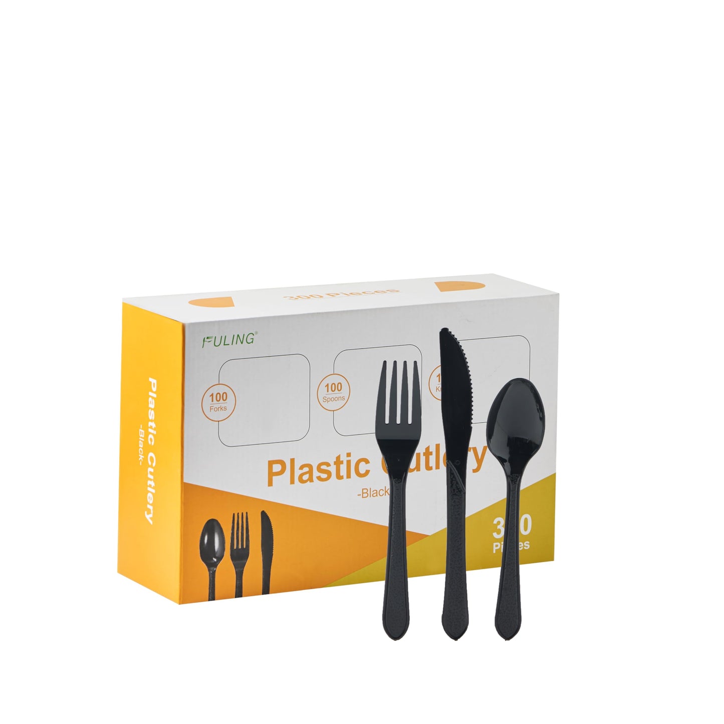FULING 300pcs Black Plastic Cutlery Set, Disposable Plastic Knives and Silverware Set - Heavyweight Reusable Utensils(100 forks, 100 spoons, 100 knives)