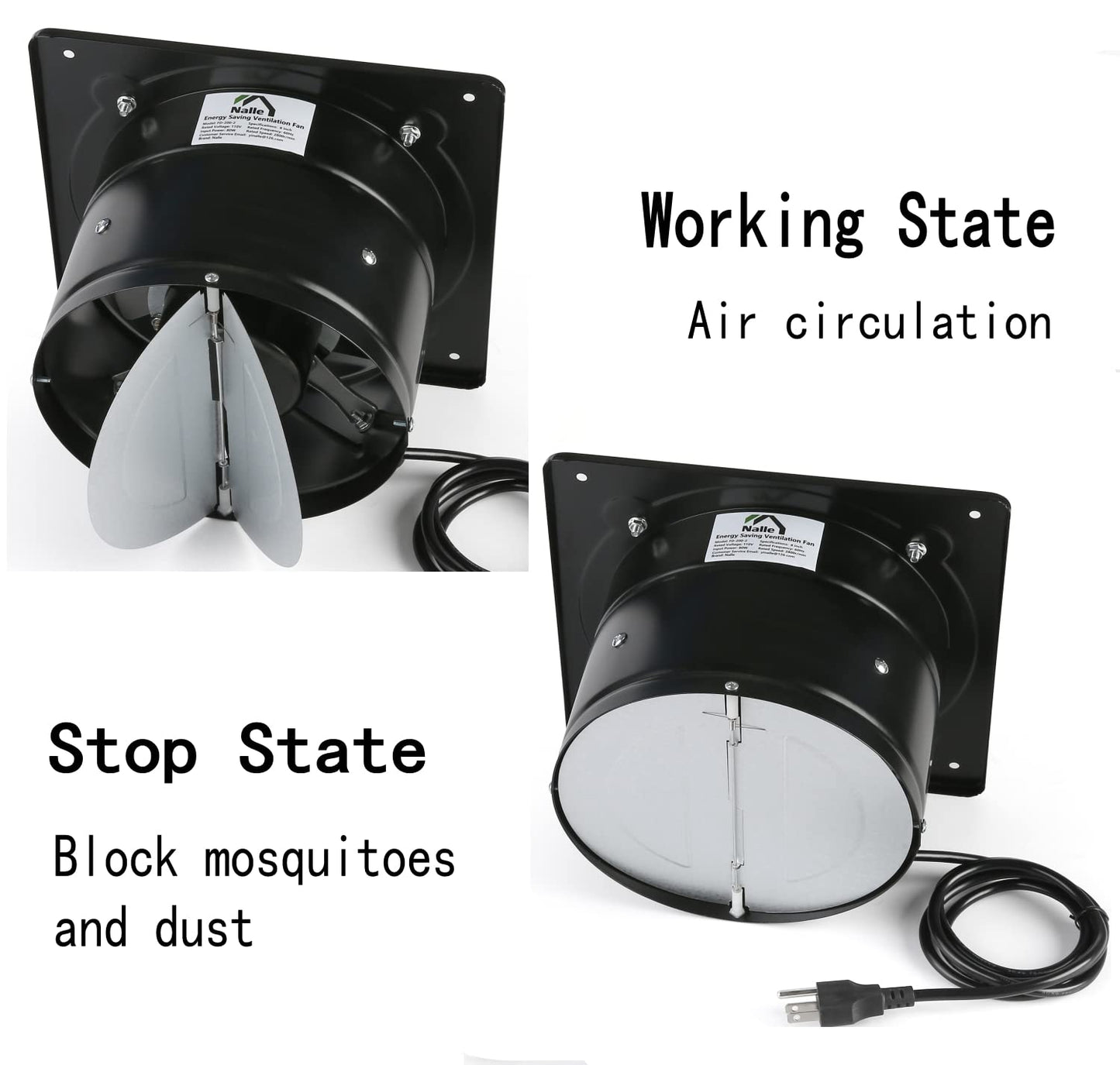 Nalle 8 inch Exhaust Fan 80W 500CFM Through-wall installation Ventilation Fan 110V Exhaust Smoke Fan Ventilation with Power Cord for Kitchen,Bathroom,laundry room,Toilets,Garage (Black