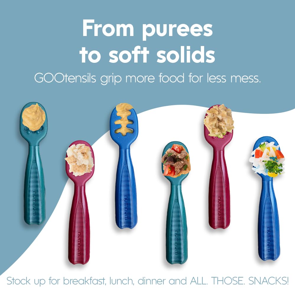 NumNum Baby Spoons Set, Feeding Littles x Silicone Pre-Spoon GOOtensils for Baby Led Weaning, Self-Feeding & Teething, First Stage Toddler Utensils for Ages 6+ Months, 3-Pack, BPA-Free (Jewel Tones)
