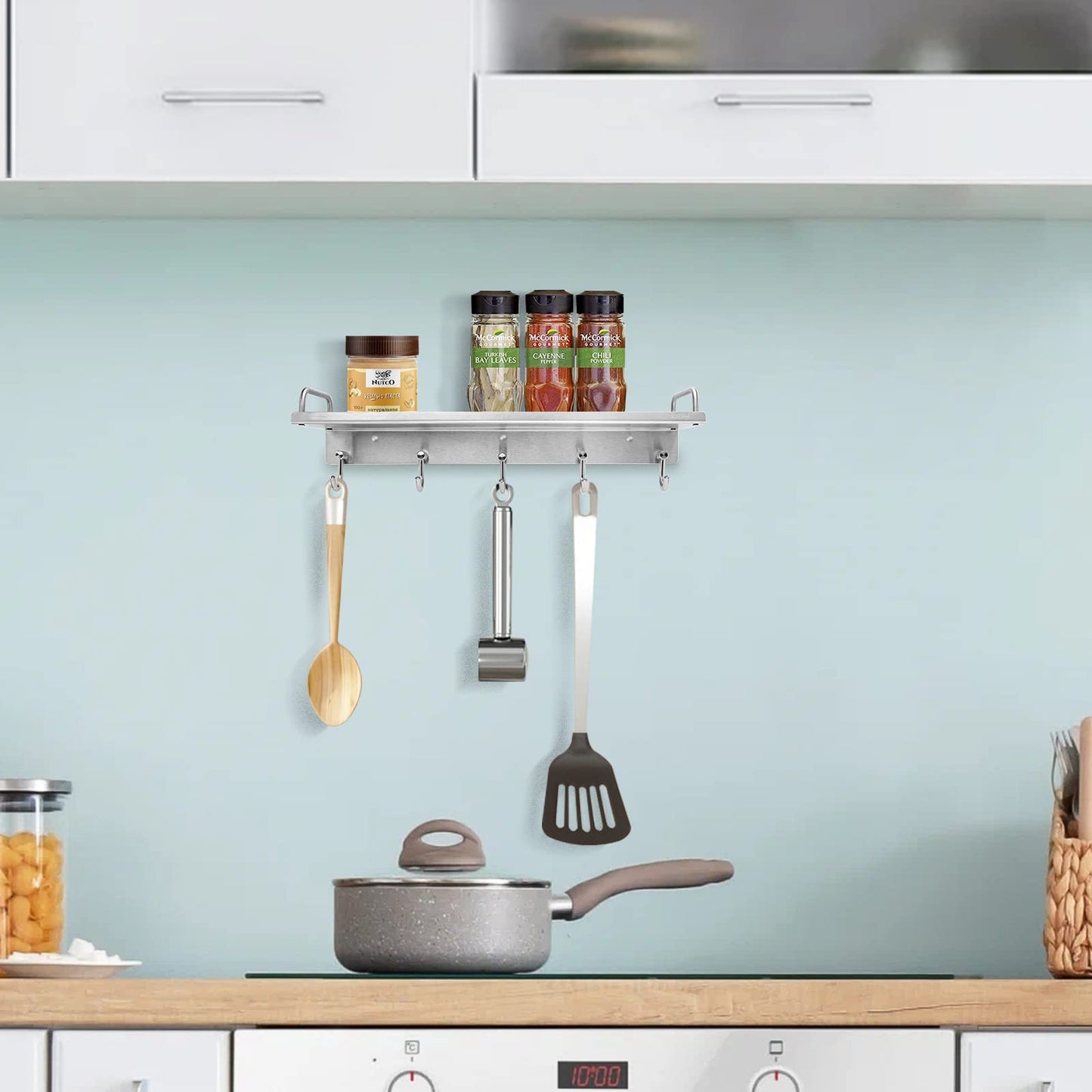 Audmore Kitchen Utensil Rack, Spice Rack with Hooks Wall Mount, Over the Stove Shelf, Stainless Steel, Hanging Storage Wall Shelf for Spatula Spoon, Seasoning Jar Organizer