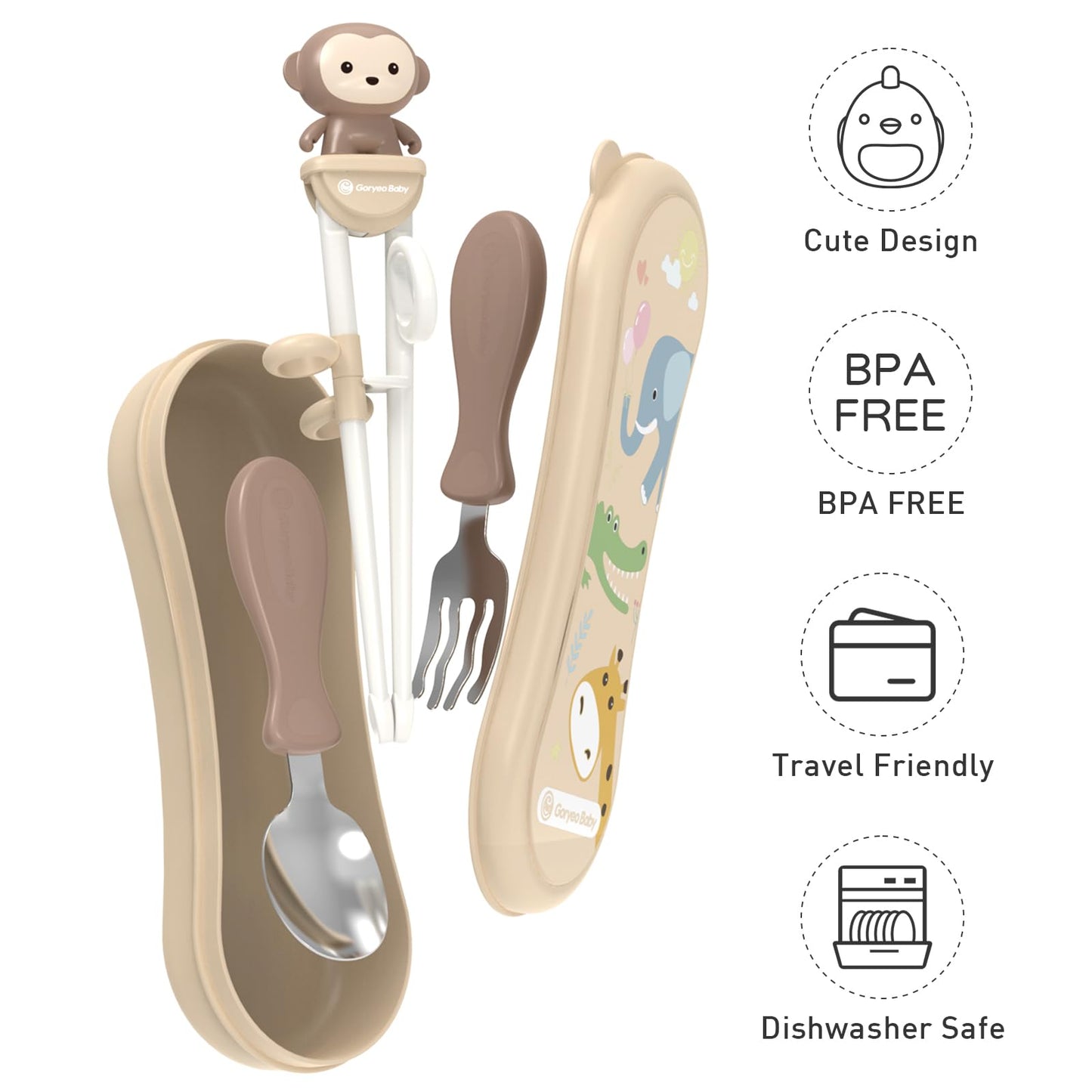 Goryeo Baby Toddler Utensils Stainless Steel Kids Silverware Set with Kids Training Chopsticks and Baby Spoon and Fork for Self Feeding Learning with Case