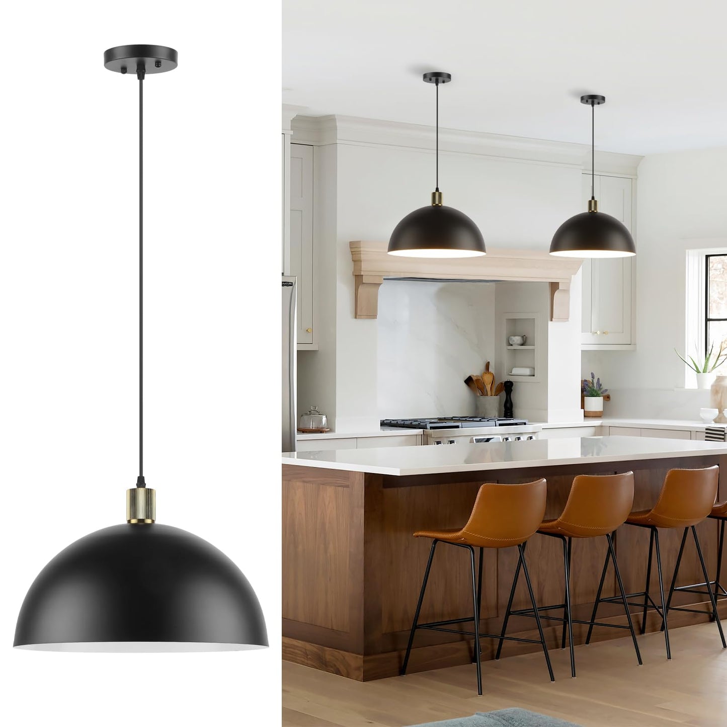 Karjearl Black Pendant Light Fixtures, 15.7 Inch Large Dome Pendant Lighting Farmhouse Vintage Chandelier for Kitchen Island Dining Room