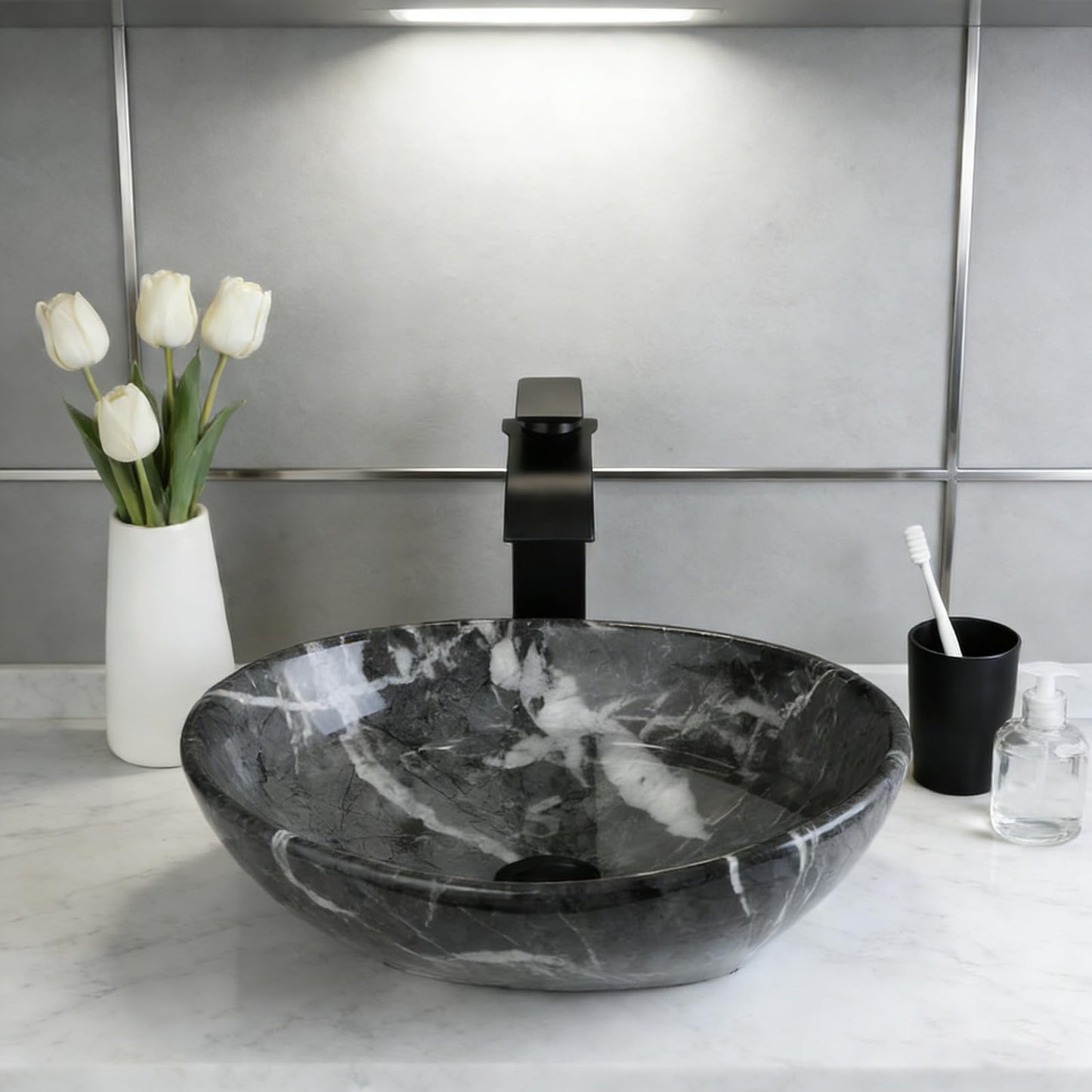 Sinku Mccut Ceramic Vessel Sink Oval Black Above Counter Bathroom Vessel Sink with Faucet and Drain Combo Marbling