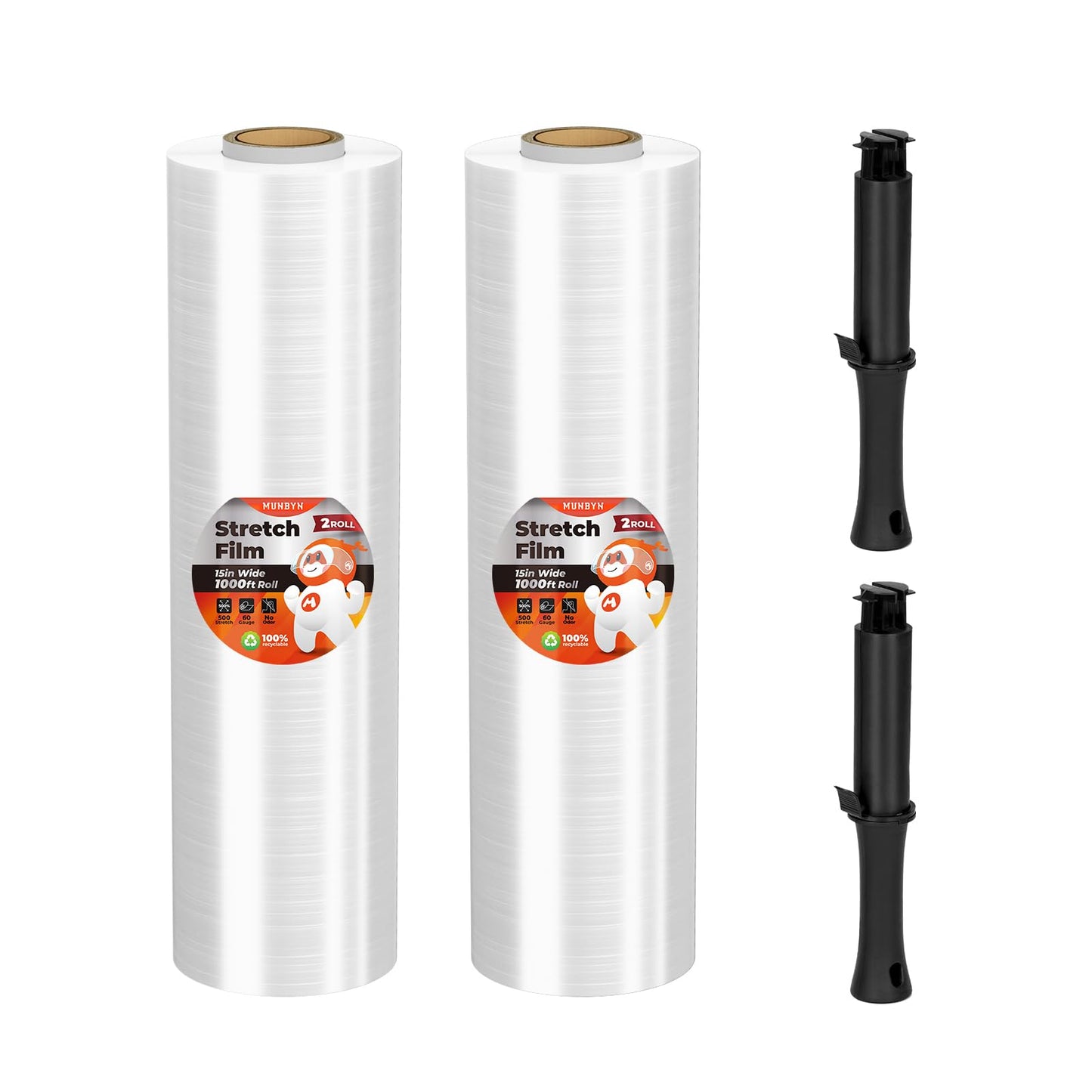 MUNBYN Shrink Wrap, Stretch Wrap with Handles, Stretch Film Roll Industrial Strength, Plastic Wrap for Pallet Wrapping Shipping Moving, 15 Inch x 1000 Ft, 2 Pack, 60 Gauge