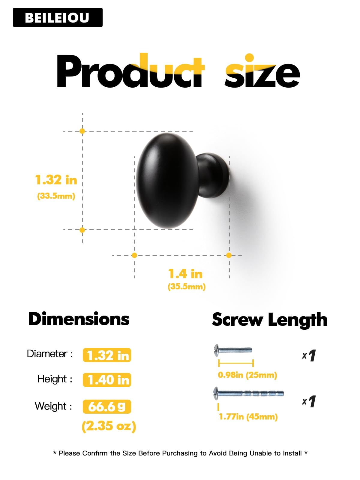 BEILEIOU Oval Matt Black Cabinet Knobs, Zinc Alloy for Drawer Knobs for Dresser Cupboard Wardrobe (5, Matt Black, Egg knob)