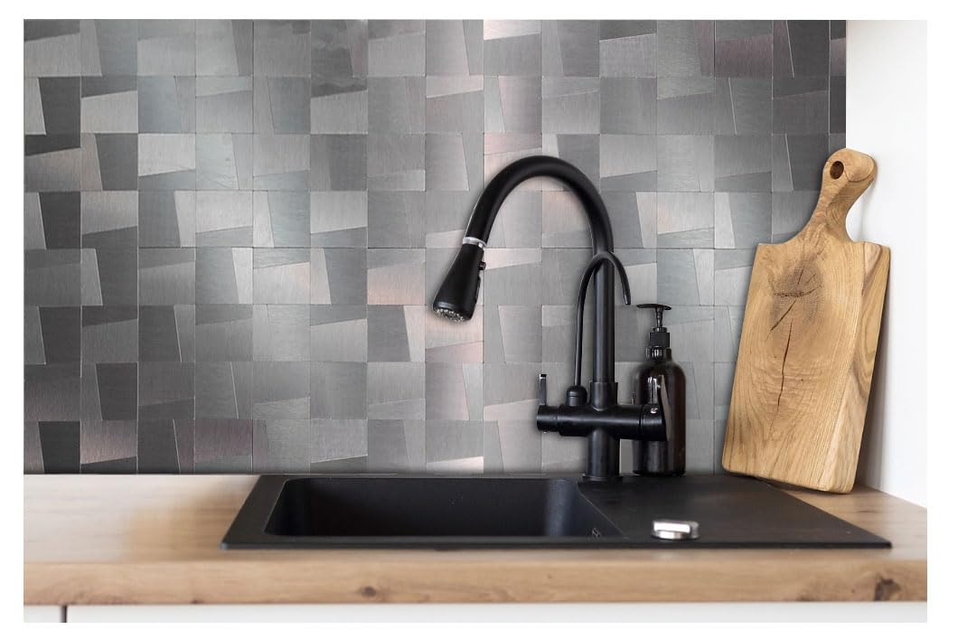 XUANINY 10-Sheet Peel and Stick Metal Backsplash Tiles, Self Adhesive Brushed Aluminum Subway 3D Wall Sticker for Kitchen Bathroom (10, Light Black Brushed)