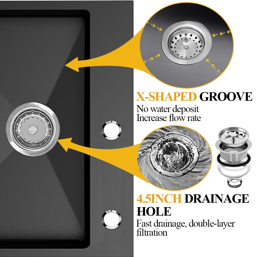 Black Kitchen Sink, Stainless Steel Drop In 33x22x9 Inch Single Bowl Topmount Kitchen Sink Combo-Stainless Grid,Soap Dispenser,Faucet Mat,Drain Strainer Set for Modern Style Kitchen&Bar