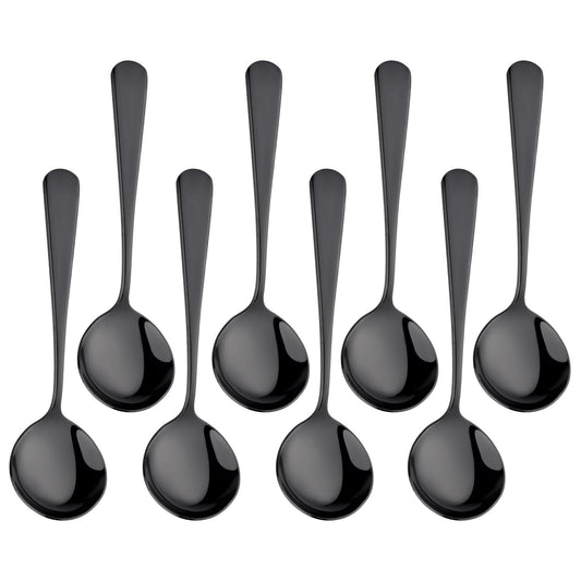 8 Piece Soup Bouillon Cereal Spoon,TEHAHA Stainless Steel Soup Spoons,6.2 Inch Round Broth Spoons,Dessert Spoon Set Black