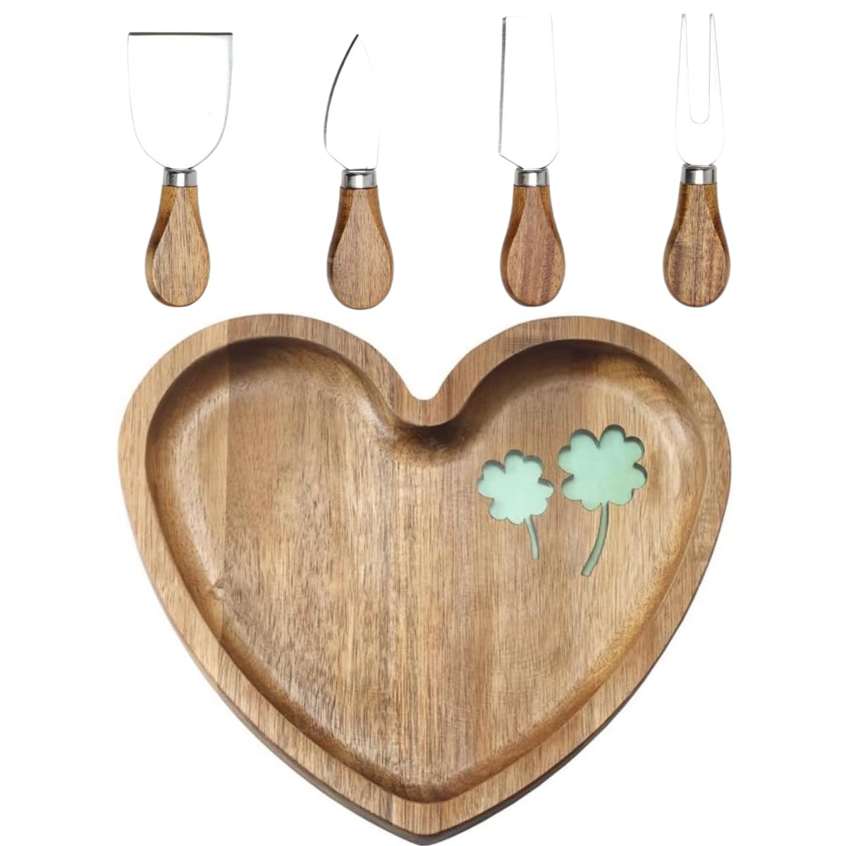 HSHQING Heart Shaped Acacia Wood Cheese Board with 4 Piece Cheese Knife Set, St. Patrick's Day Green Clover Resin Inlay Appetizer Plates Charcuterie Serving Tray for Wine and Cheese Parties
