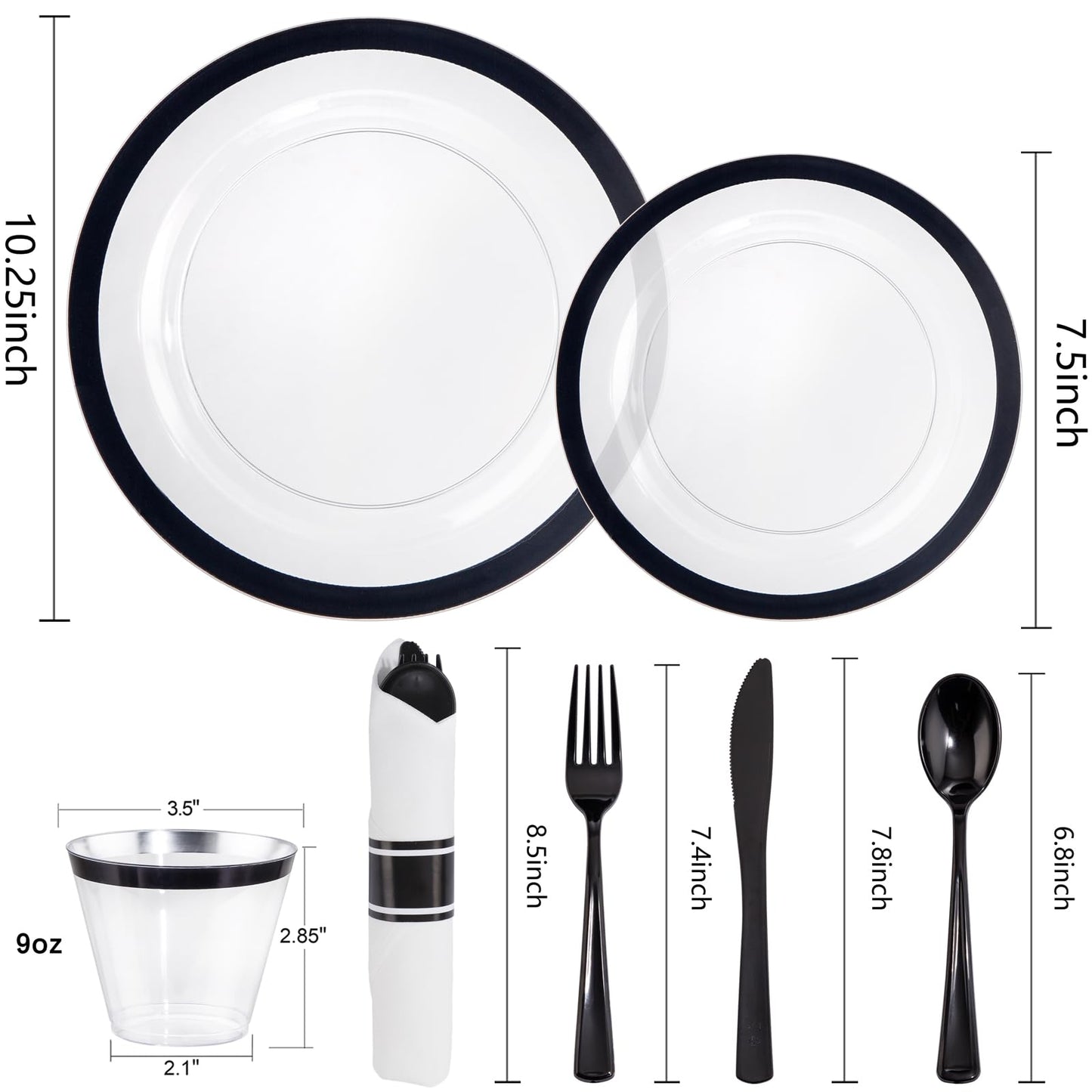 I00000 350 Pcs Clear and Black Plastic Plates,Black Dinnerware Set, Include 50 Dinner and 50 Dessert Plates,50 Plastic Cups,50 Pre Rolled Napkins with Cutlery for Graduation,Party