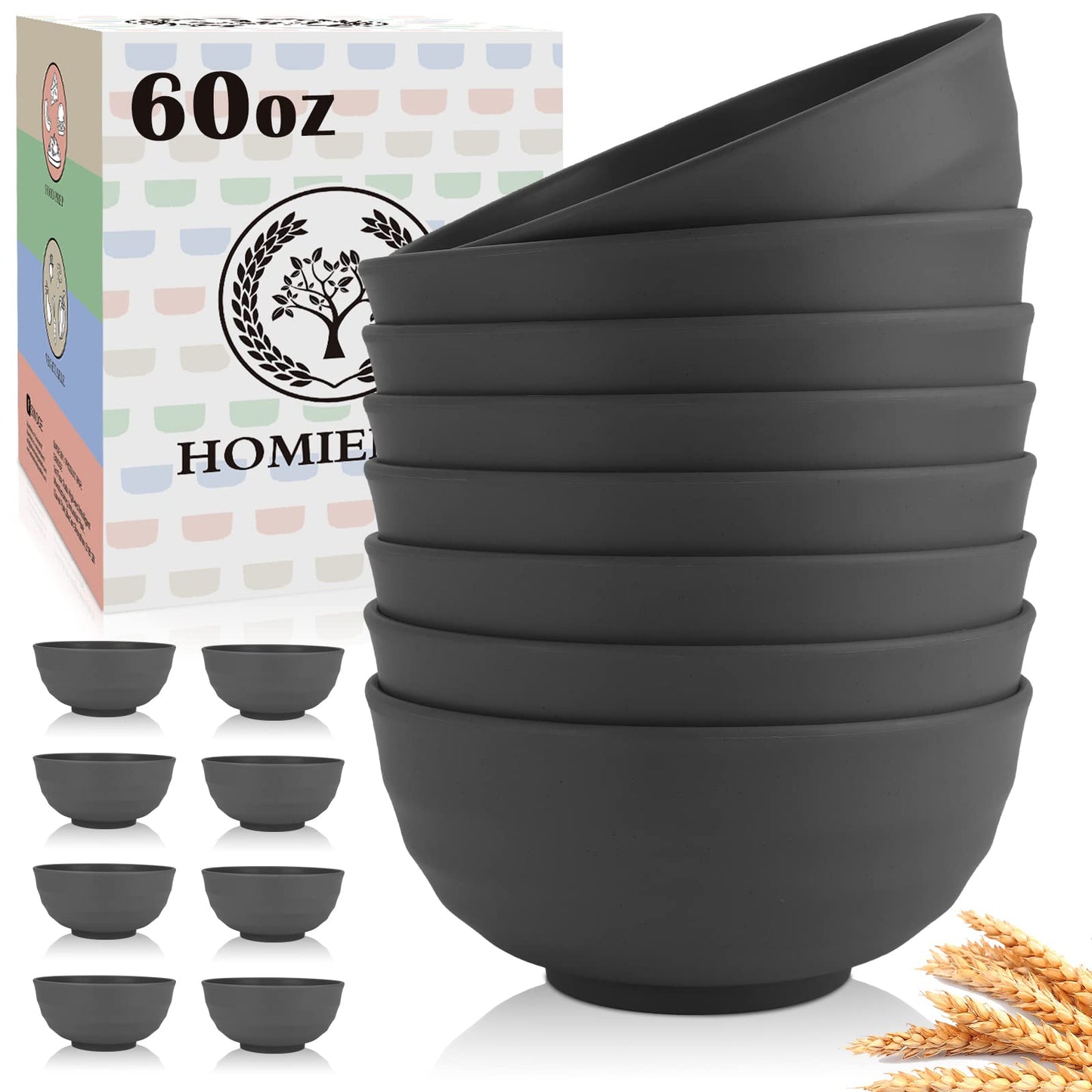 Homienly Wheat Straw Bowls Set of 8, 60oz Extra Large Unbreakable Bowls - Lightweight Alternative to Plastic Serving Bowls for Cereal, Ramen & Soup, Microwave Safe for Outdoor Activities (Grey)