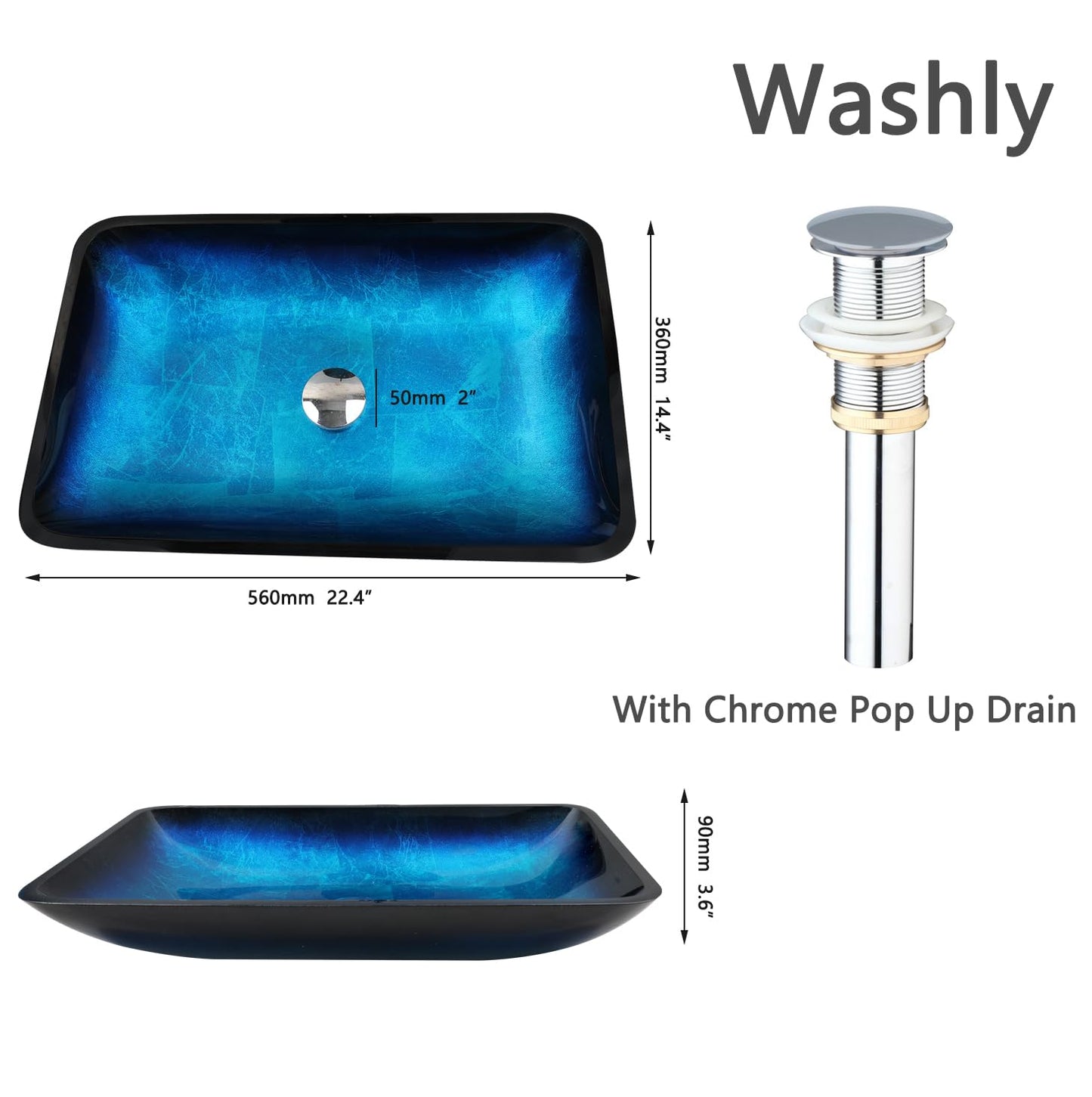 Washly 22" Blue Bathroom Vessel Sink,Rectangle Tempered Glass Washing Sink Bowl with Faucet And Drain, Artistic Bowl Sinks for Bathroom