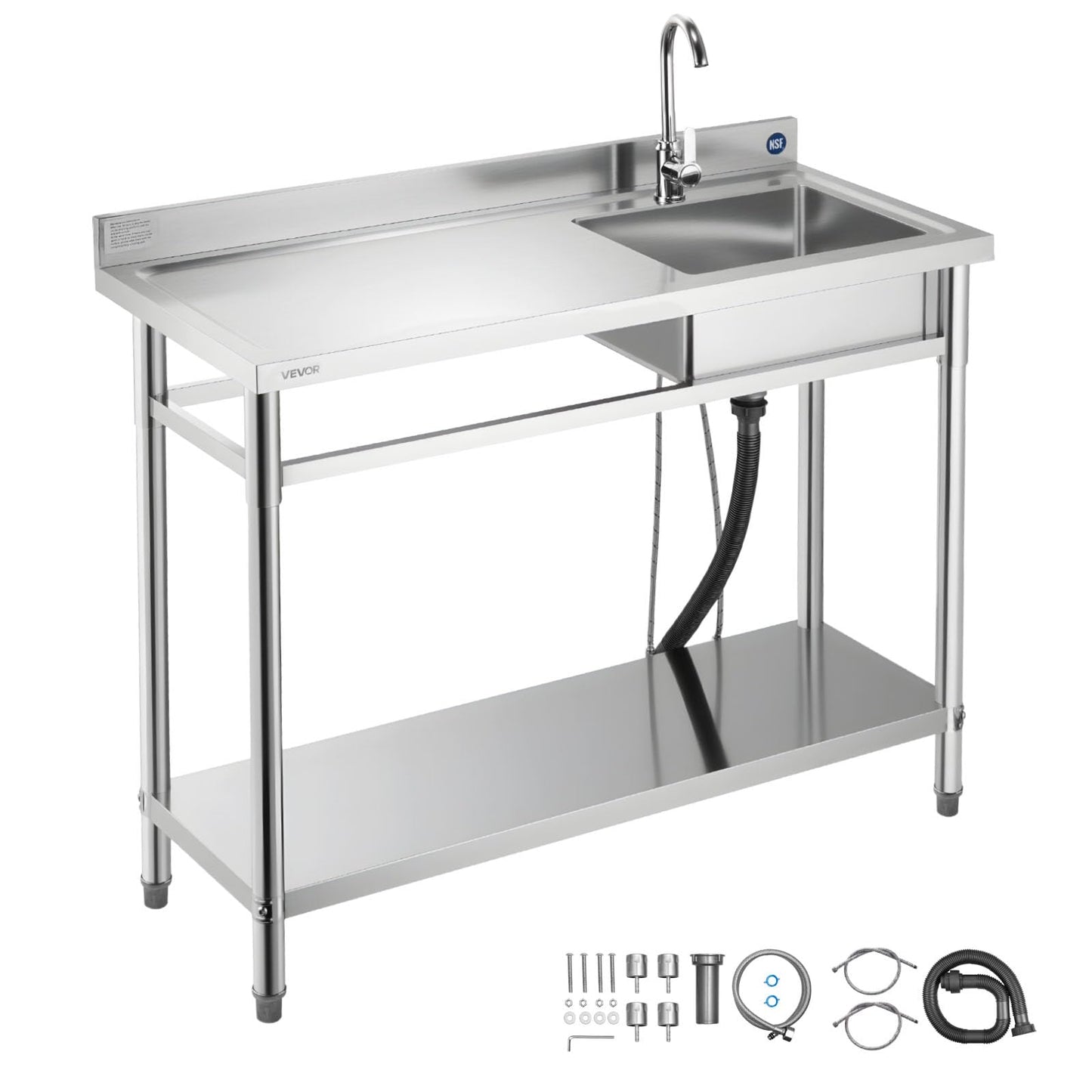 VEVOR Stainless Steel Utility Sink, Free Standing Single Bowl Commercial Kitchen Sink with Faucet, Utility Left Basin Workbench with Hot & Cold Water Pipe for Garage Restaurant Laundry, 47x19.7x37 in
