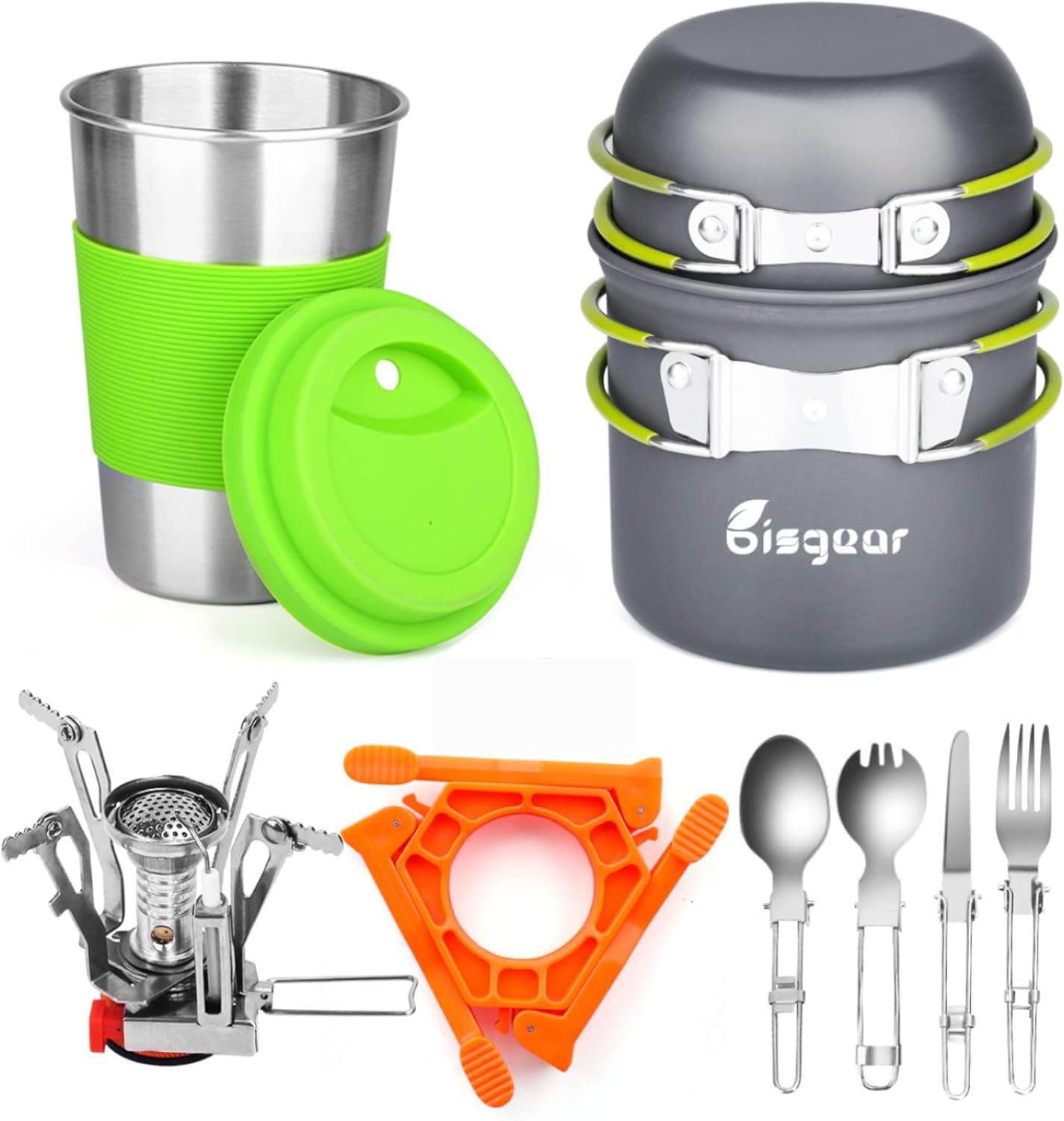 Bisgear Camping Cookware Portable Backpacking Stove Canister Stand Tripod Stainless Steel Cup Flatware Mess Kit - Camping Pot and Pans Cooking Set - Camping Gear Must Haves