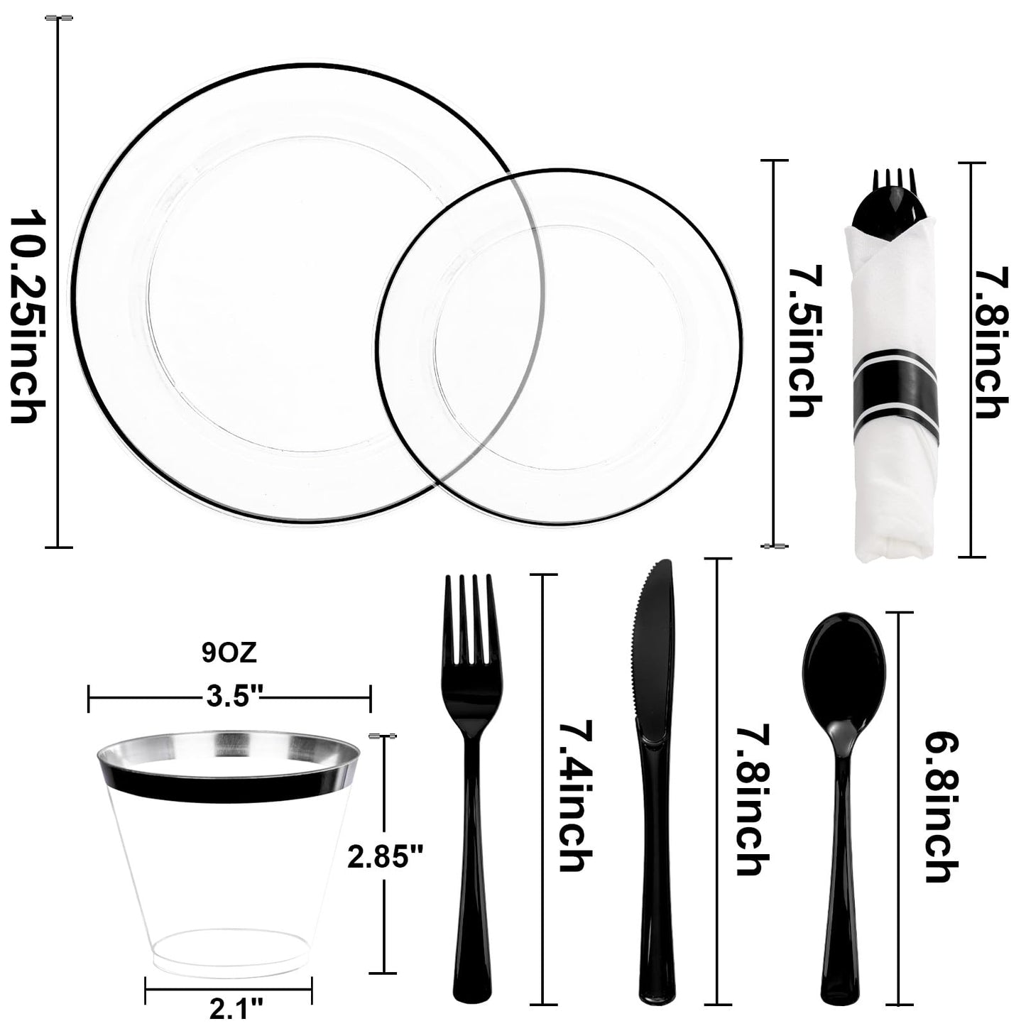 SUT 350 Pcs Black and Clear Plastic Dinnerware Set for 50 Guests, Include: 50 Dinner Plates, 50 Dessert Plates, 50 Pre Rolled Napkins With Silverware, 50 Cups, Disposable Plates for Party