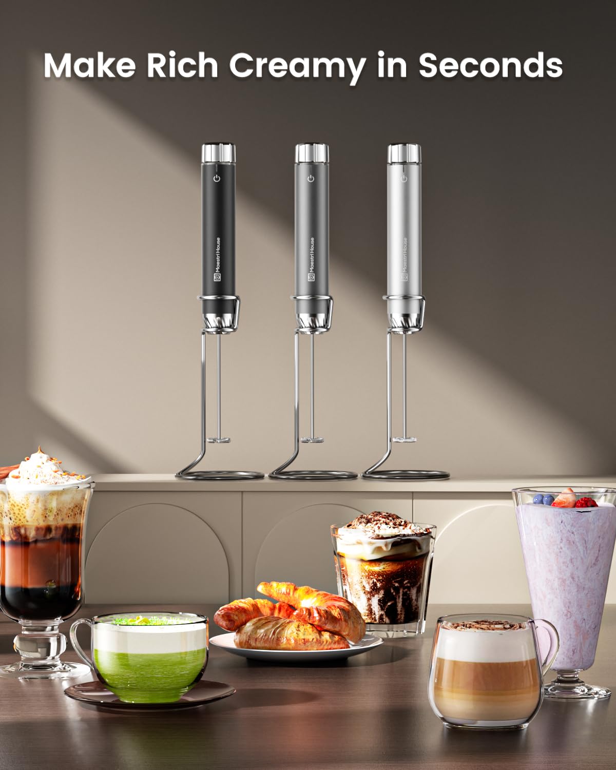 Maestri House Rechargeable Milk Frother with Stepless Speed Control, LunaFro Max Handheld Electric Foam Maker Waterproof Drink Mixer Foamer with Stand & Detachable Whisks for Lattes, Cappuccino