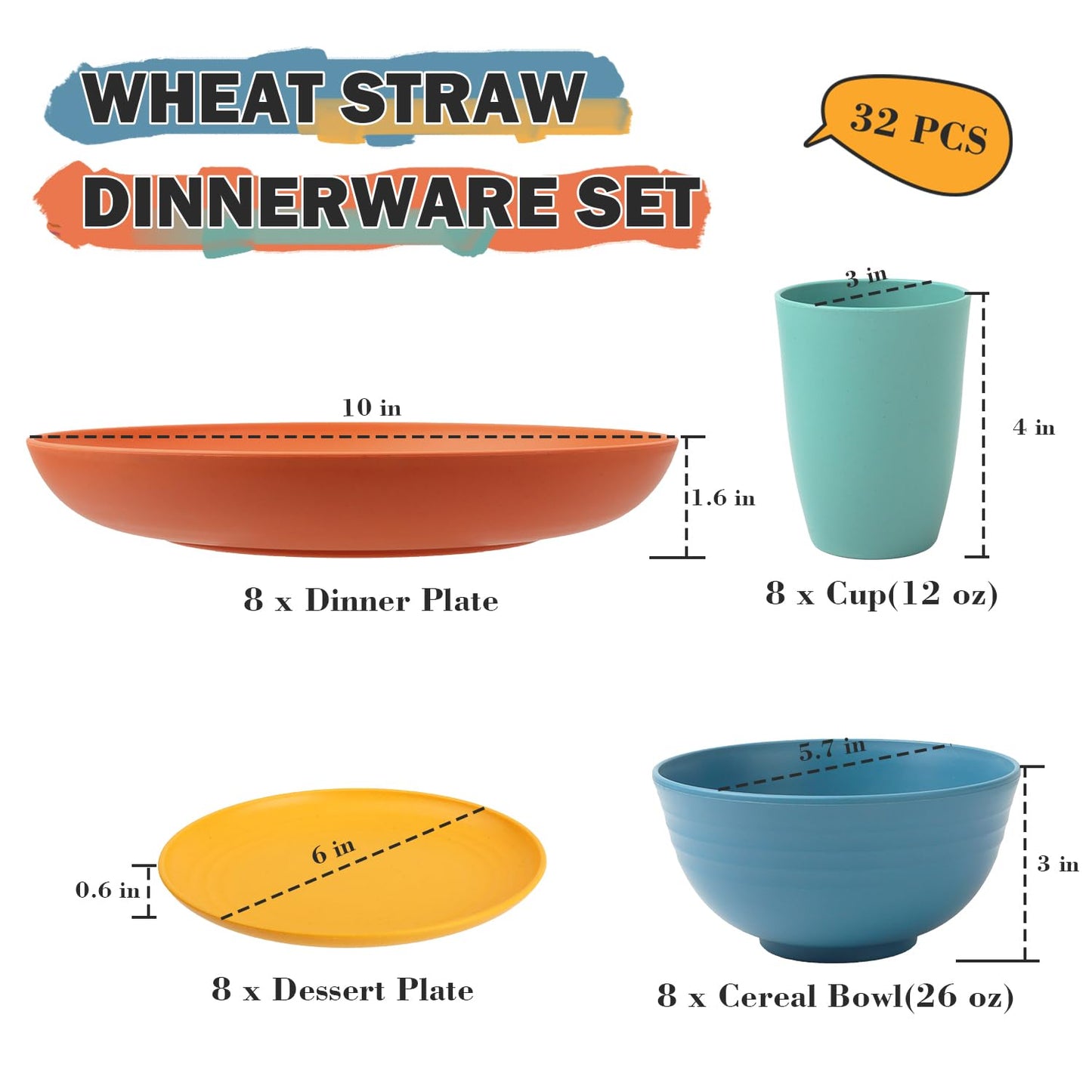Perlapoc Wheat Straw Dinnerware Sets, Plates and Bowls Sets Unbreakable & Microwave Safe - 32 Piece Service for 8 Dinner Plate Dessert Plate Cereal Bowl Cup for Kitchen & Outdoor - Multi