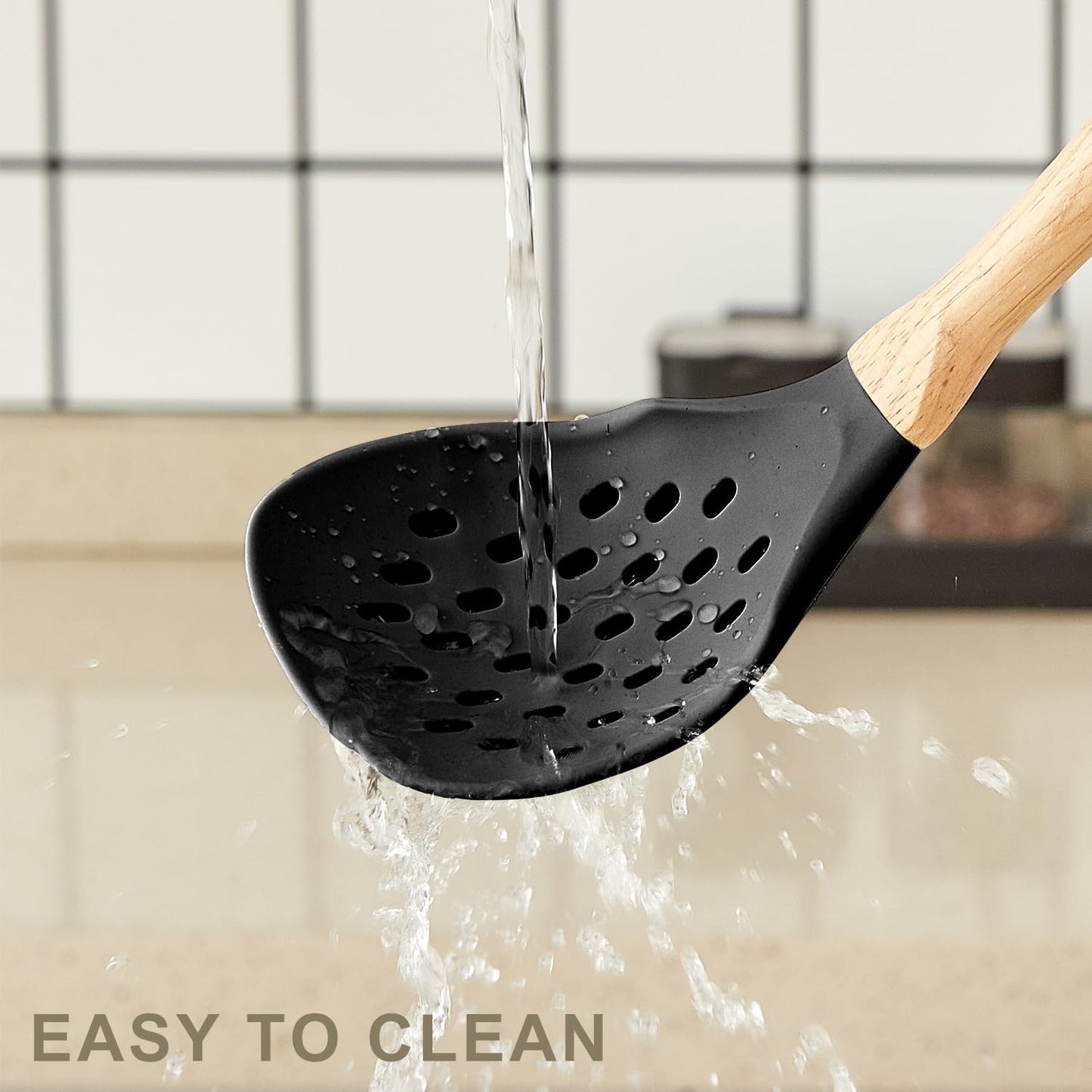 Gaixvny Kitchen Utensils Set - 34 PCS Non-Stick Silicone Cooking Utensils Set Spatula Set with Holder, Wooden Handle Spoon,Brush,Whisk Kitchen Gadgets Tools Set for Nonstick Cookware (Black-34P)