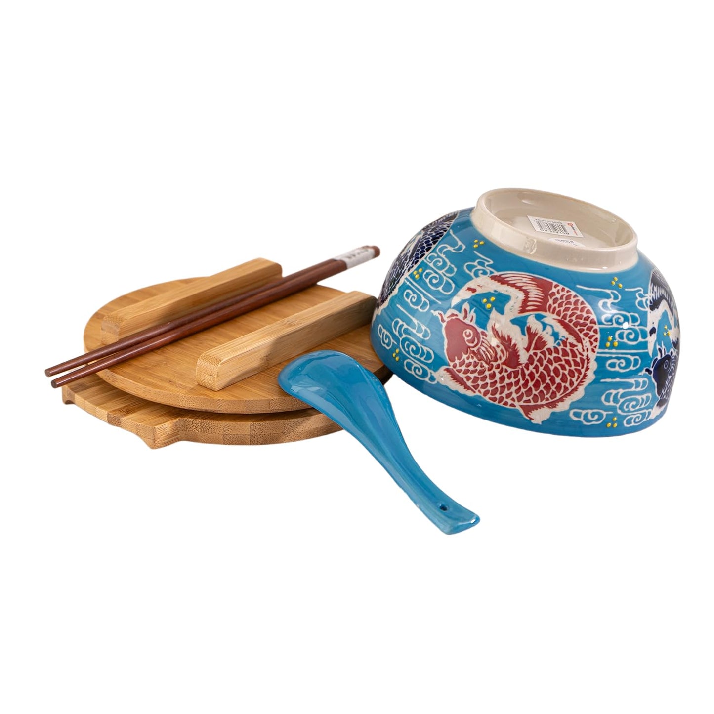 Urban Tokyo Japanese Kamameshi Style Ceramic Glazed Japanese Ramen Udon Pho Noodle Bowl With Spoon, Bamboo Lid, Chopsticks and Trivet 5 Piece Set (Japanese Koi Fish), BCH625