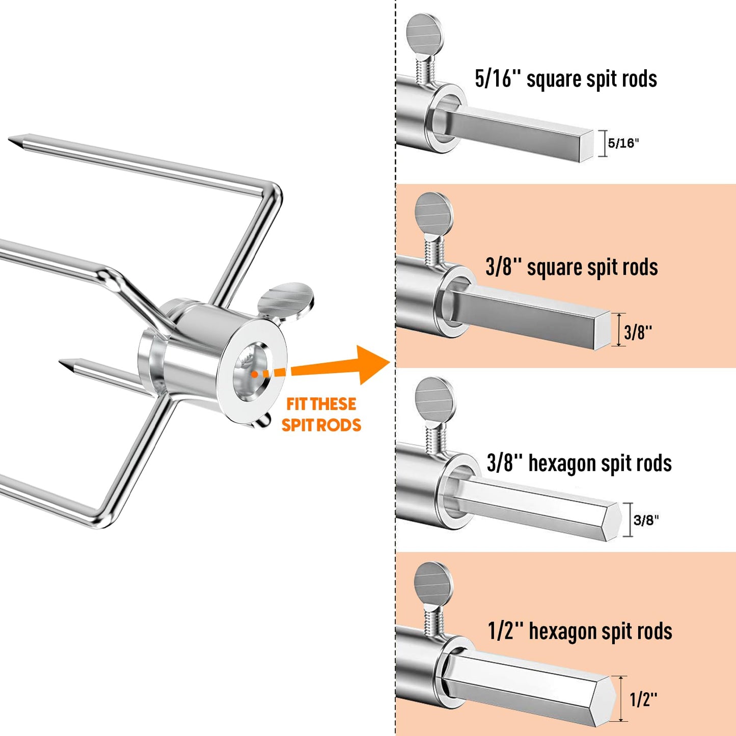 Skyflame Heavy Duty Stainless Steel Rotisserie Meat Forks - Fits 1/2-Inch and 3/8-Inch Hexagon & 3/8-Inch and 5/16-Inch Square Spit Rods