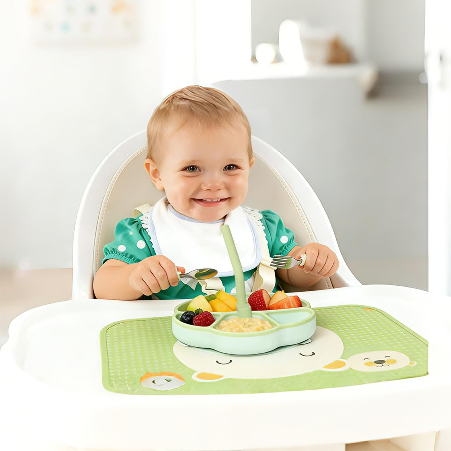dwoo Baby Silicone Suction Plates for Toddler, Divided Self-Feeding Plate Set with 316 Stainless Steel Spoon & Fork, Dust Cover & Straw, Baby Led Weaning Supplies (Lion Design)