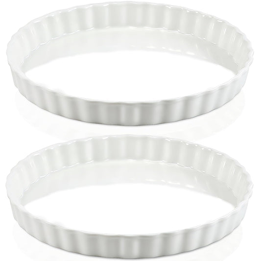Enjamyo 10 Inches Ceramic Quiche Pans, 2 Pcs Round Pie Baking Dish, Non-Stick Round Pie Dish Quiche Pan, Fluted Edge Pie Pans for Baking Tart Pies, Apple, Quiche(White)