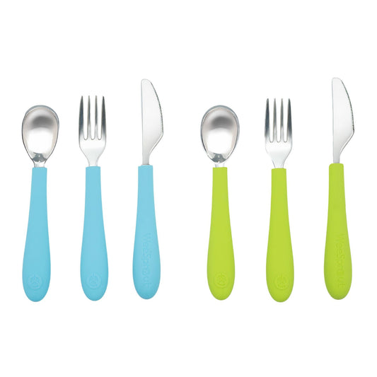 WeeSprout Toddler Utensils, 3 Forks & 3 Spoons, 18/8 Stainless Steel & Food Grade Silicone, Thick Easy-Grip Handles, Perfect Length For New Self Feeders, Gentle On Gums & Teeth, Dishwasher Safe